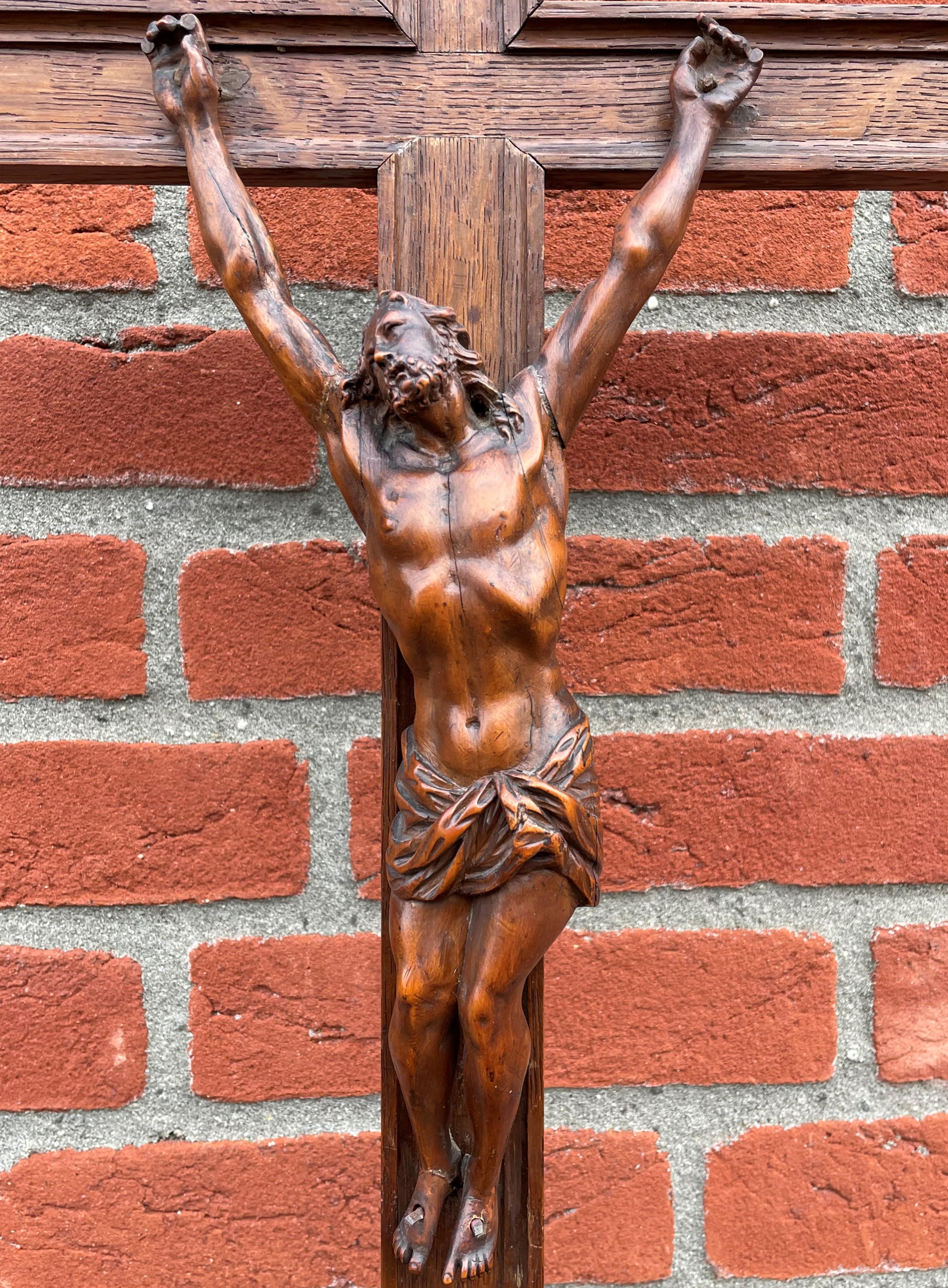Hand-Carved Antique Church Crucifix with Jesus, Mary & John Sculptures of Boxwood from 1700s For Sale