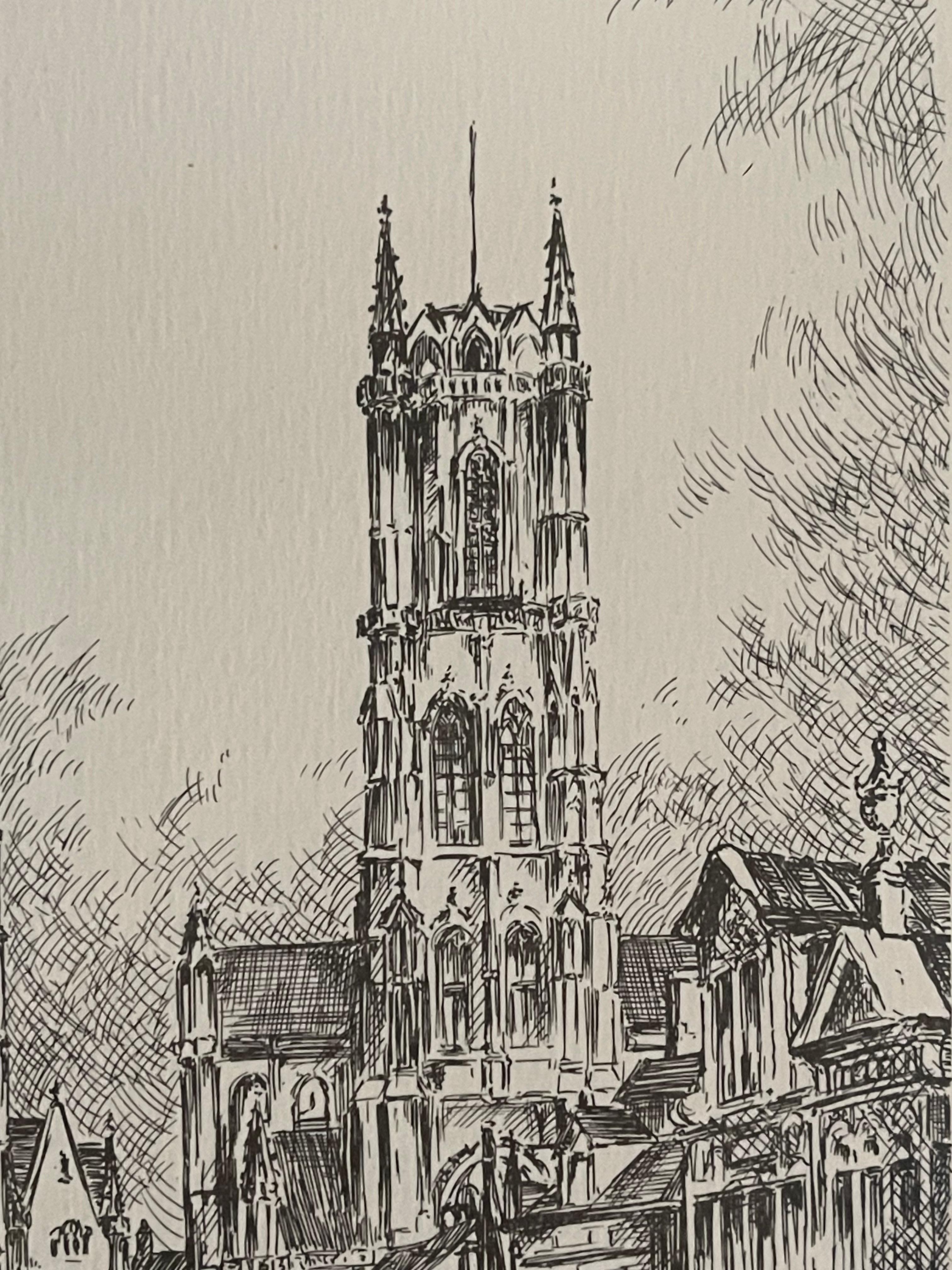 Antique Church Drawing, Lovely Wall Decoration Painting Signed Frans Vanderveken For Sale 2