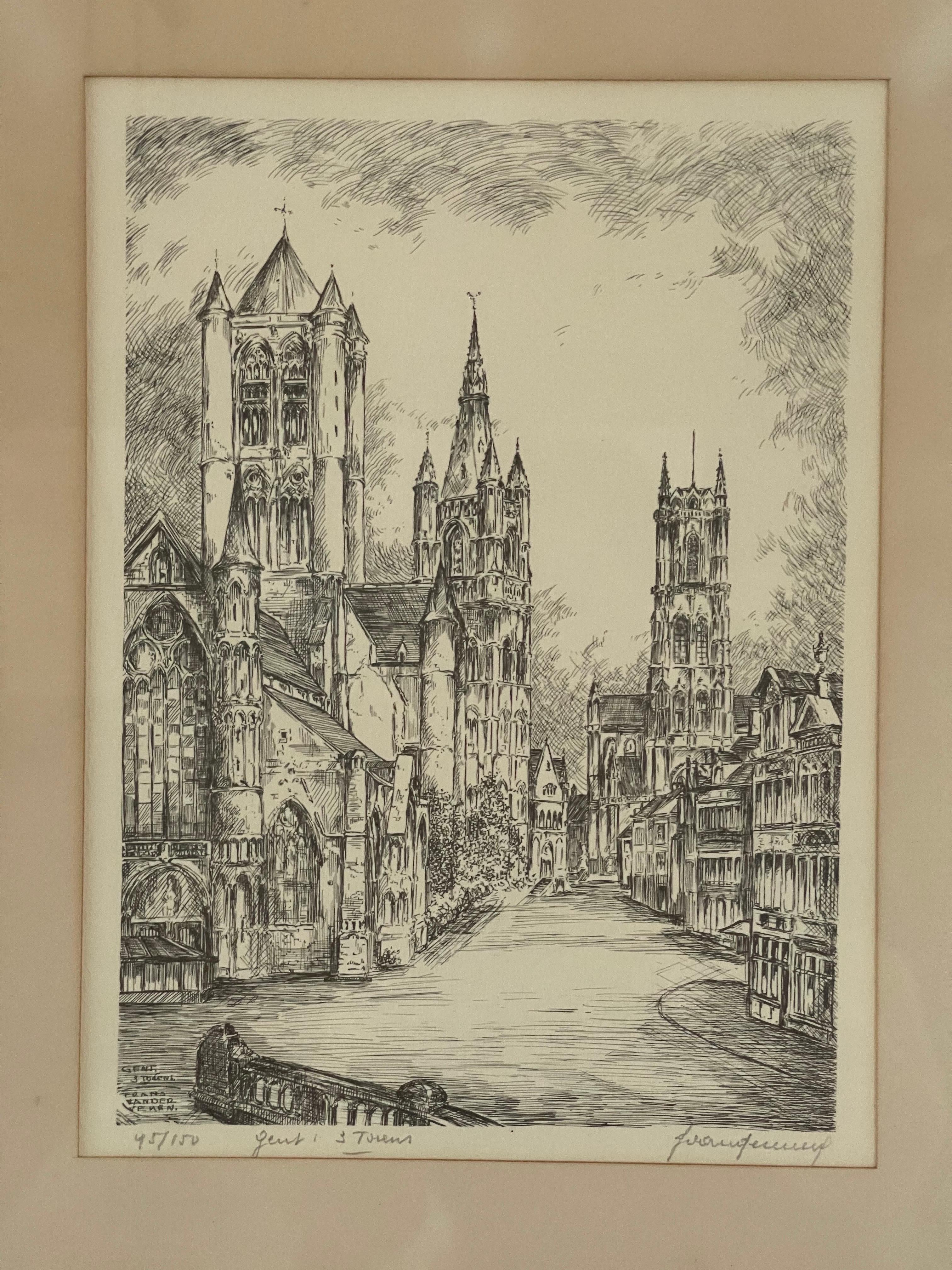 Antique Church Drawing, Lovely Wall Decoration Painting Signed Frans Vanderveken For Sale 5