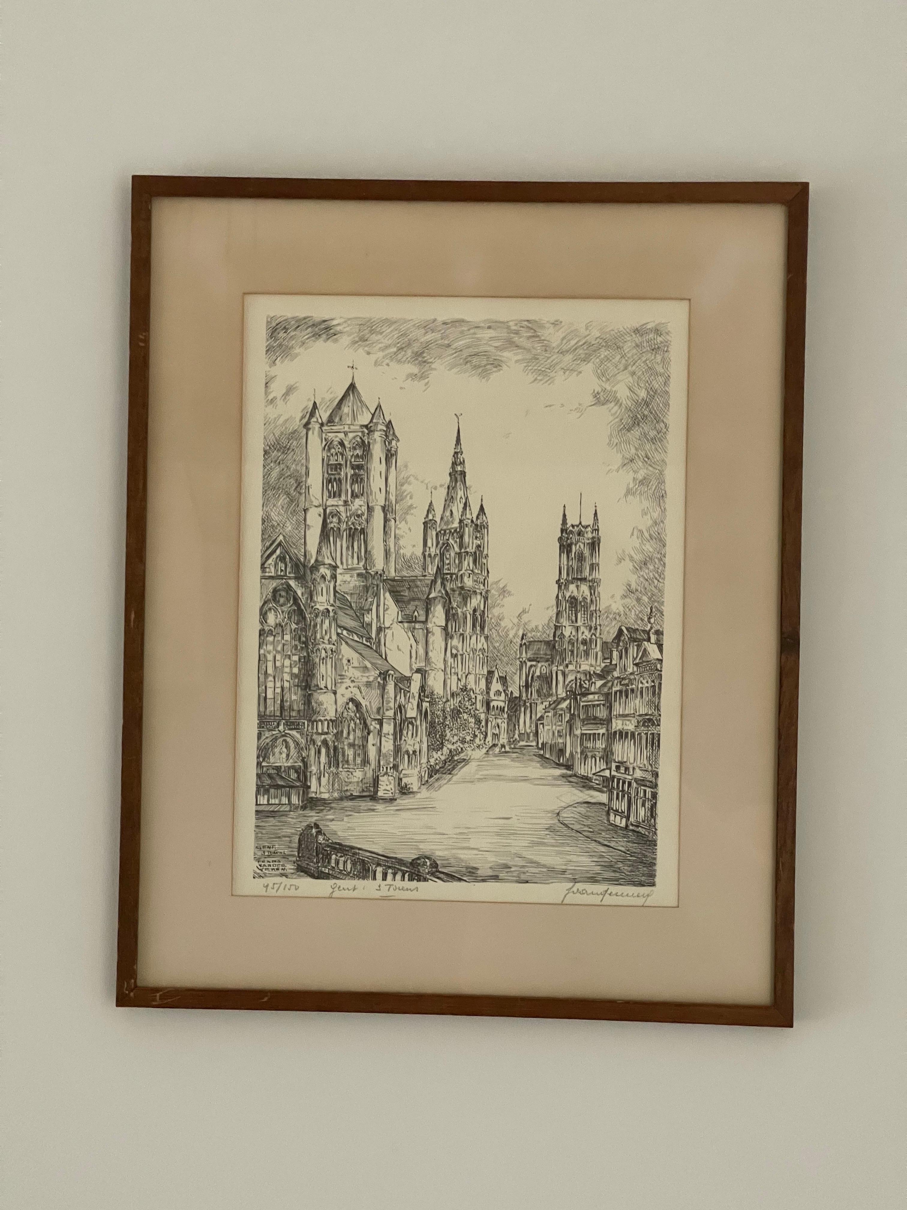 Antique Church Drawing, Lovely Wall Decoration Painting Signed Frans Vanderveken For Sale 7