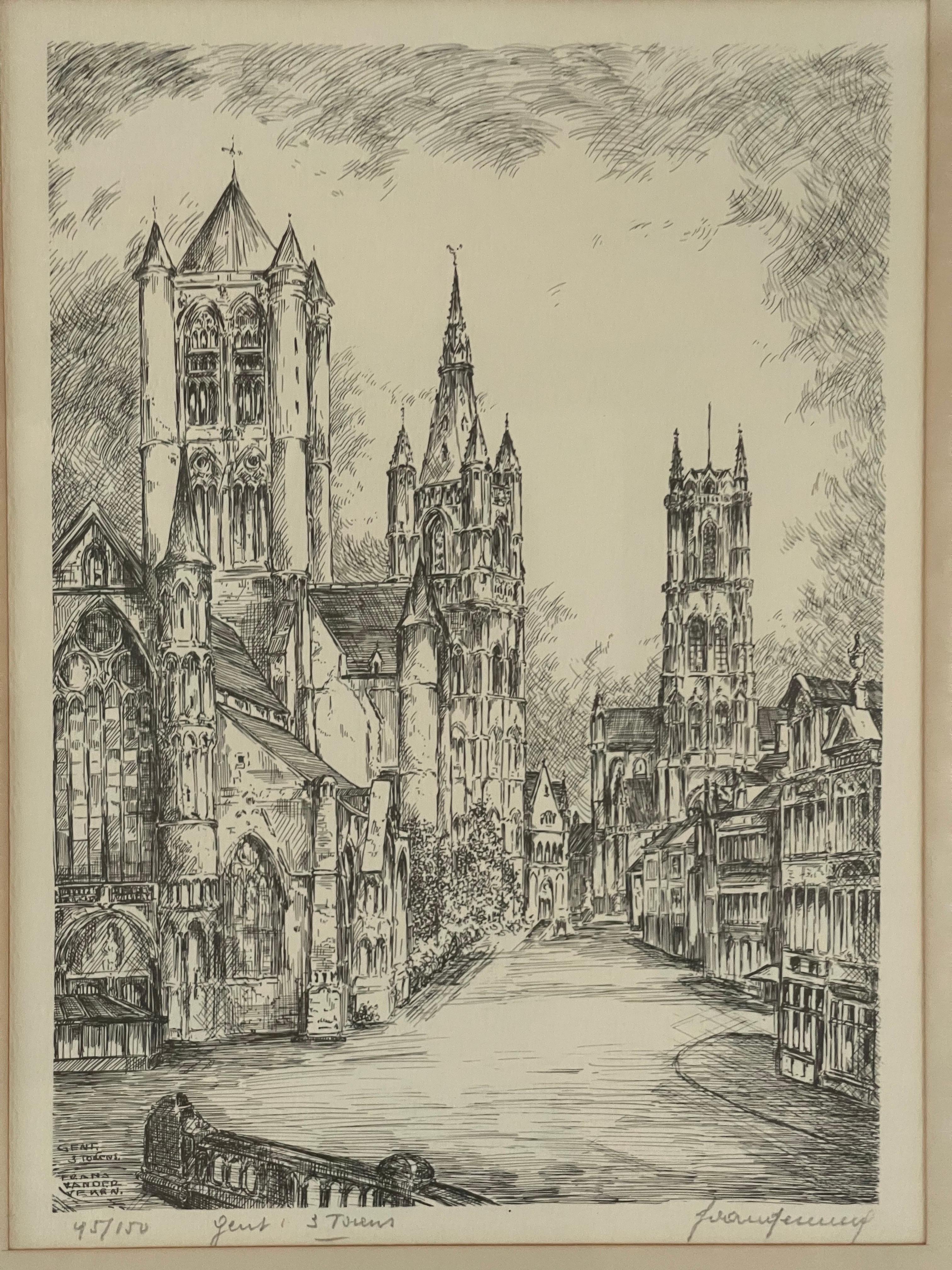 Antique Church Drawing, Lovely Wall Decoration Painting Signed Frans Vanderveken For Sale 8