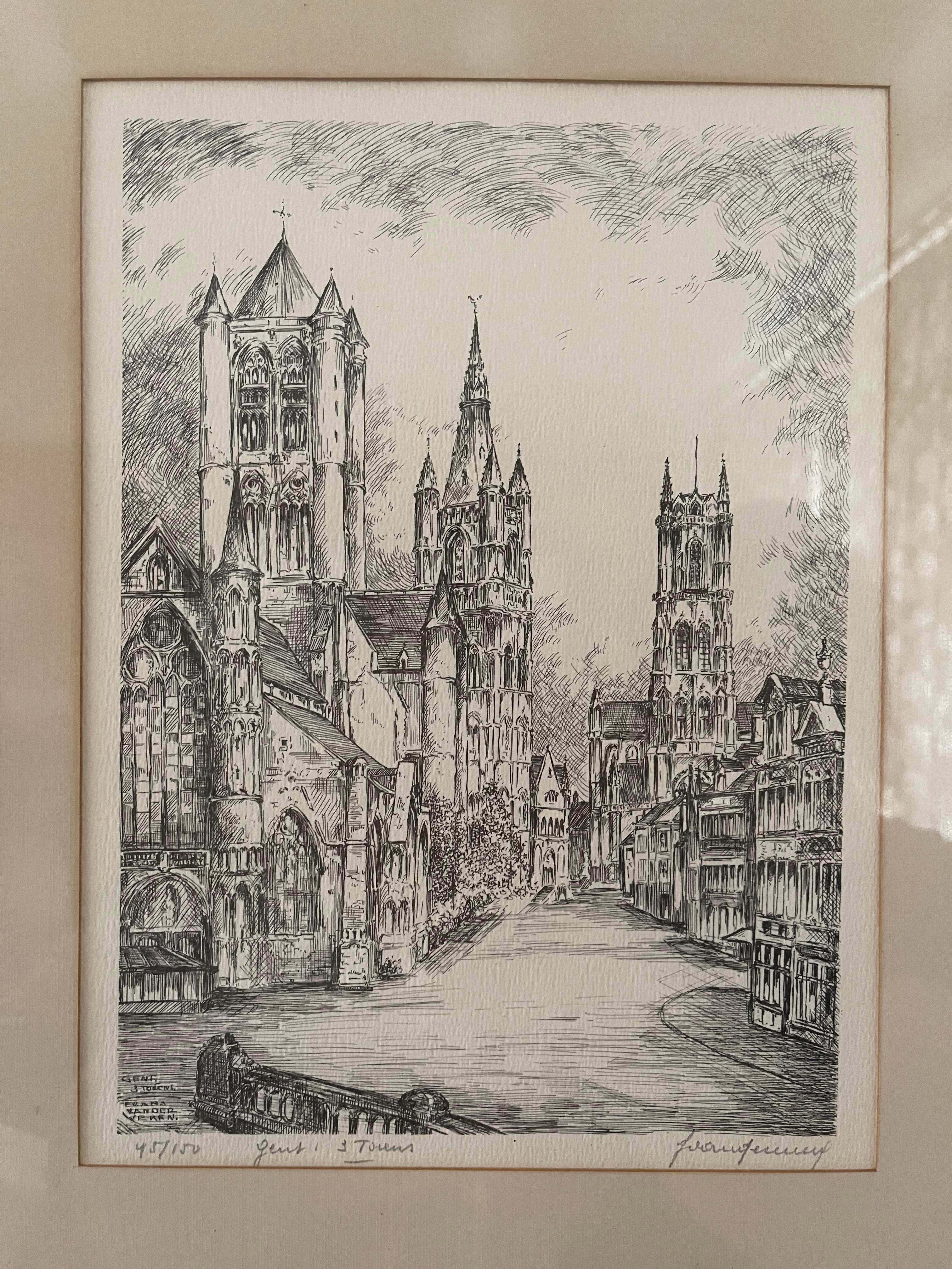 This stunning vintage painting of a Belgian church located in Gent, 3 Torens Belgium Baudelostraat 9B/9b - is a one-of-a-kind piece that will add beauty and elegance to any space. Created in 1951 using pen and ink, this artwork captures the essence