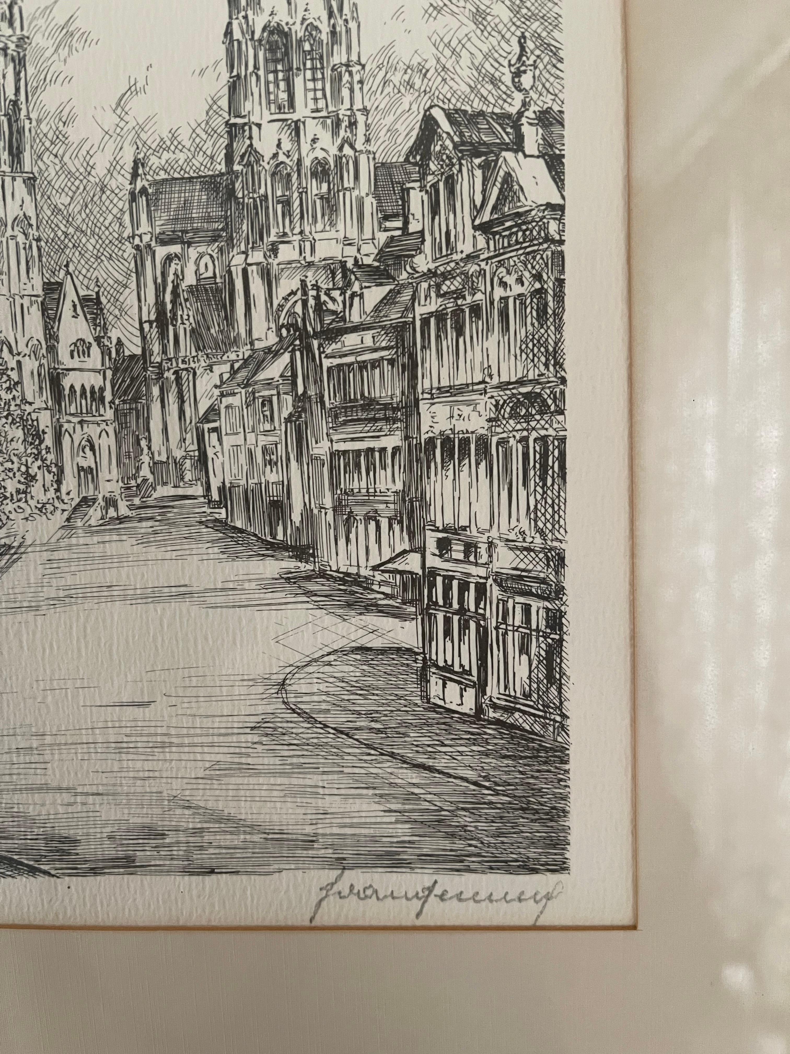 Art Deco Antique Church Drawing, Lovely Wall Decoration Painting Signed Frans Vanderveken For Sale