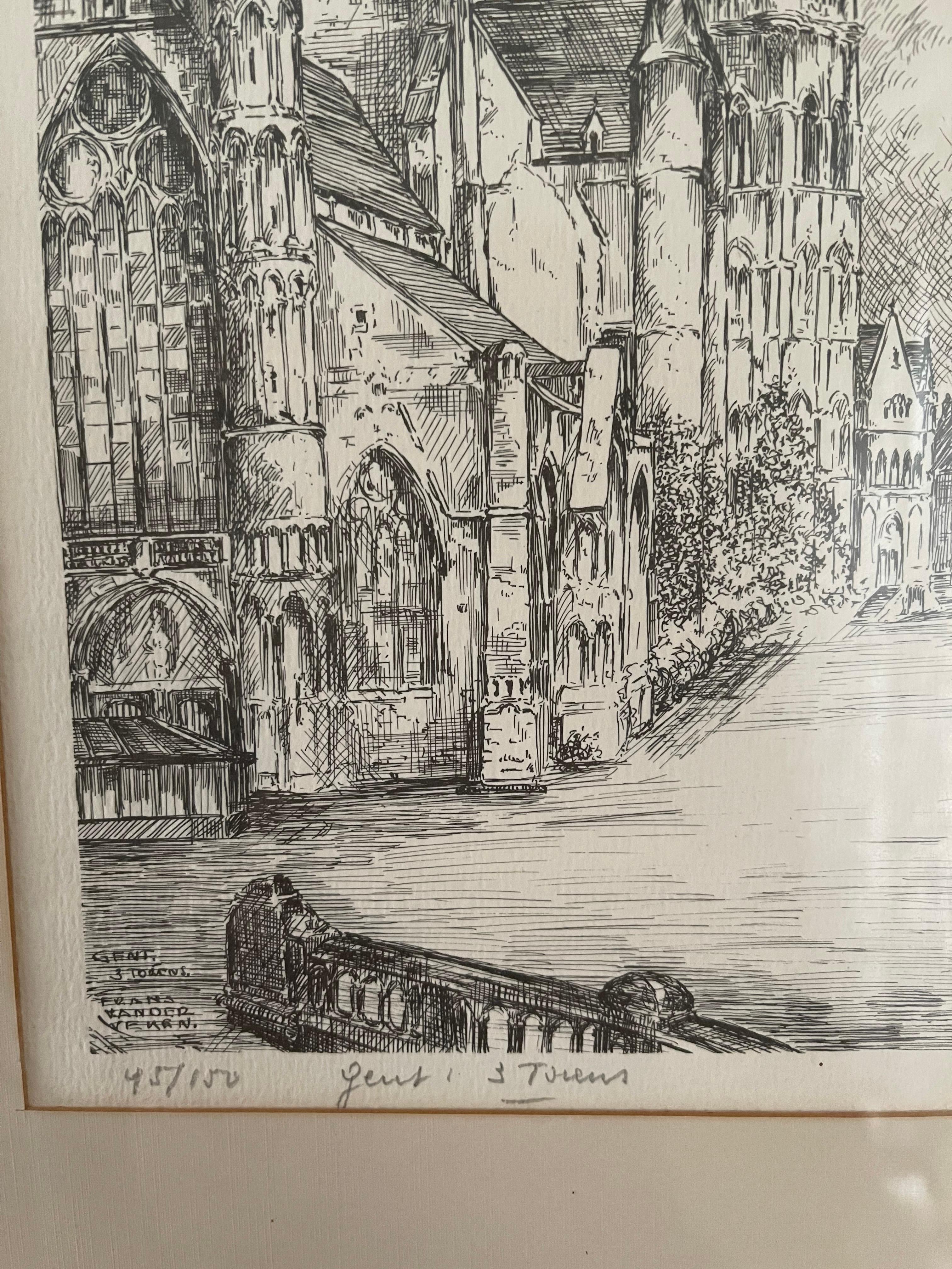 Belgian Antique Church Drawing, Lovely Wall Decoration Painting Signed Frans Vanderveken For Sale