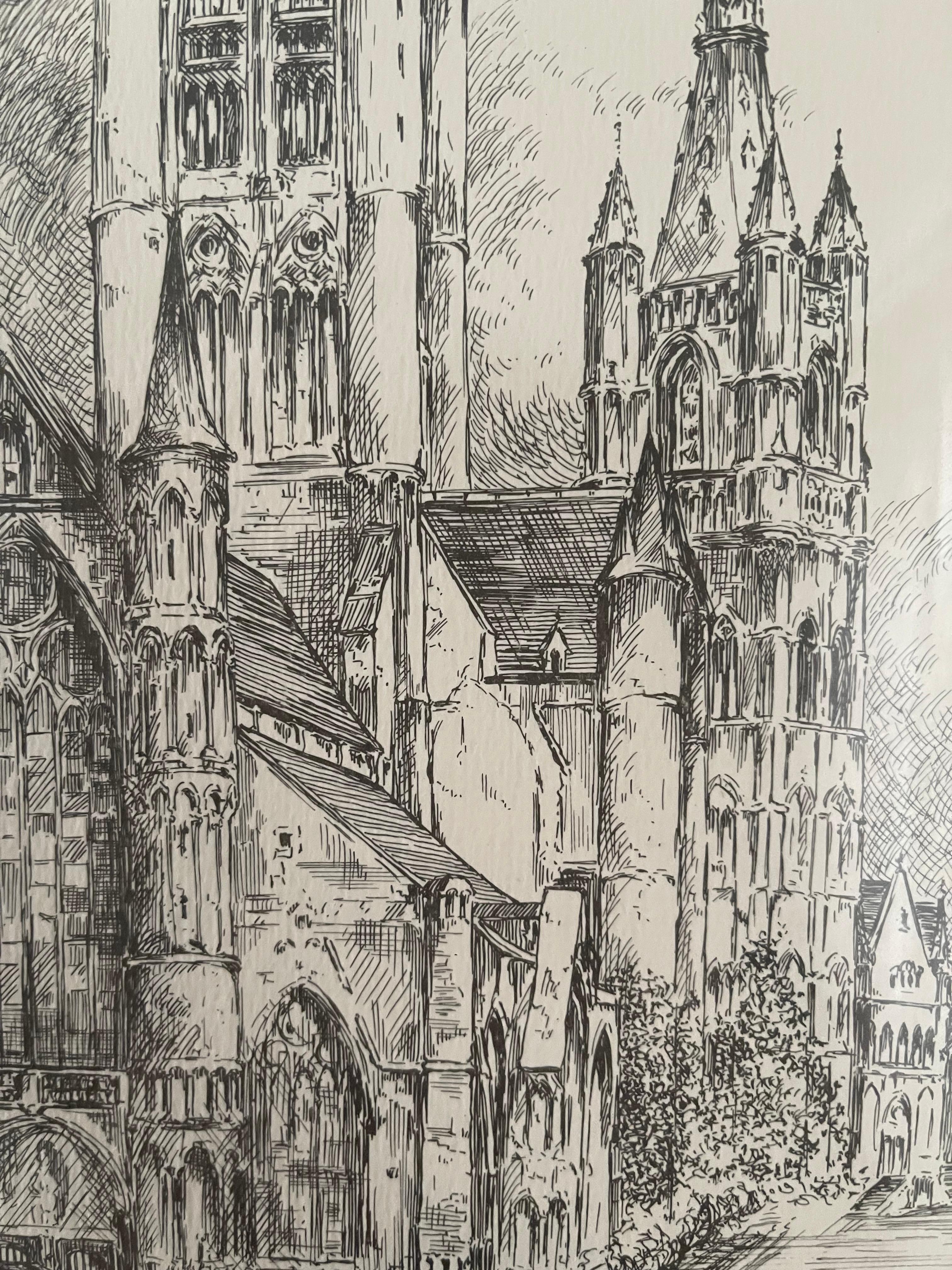 Brushed Antique Church Drawing, Lovely Wall Decoration Painting Signed Frans Vanderveken For Sale