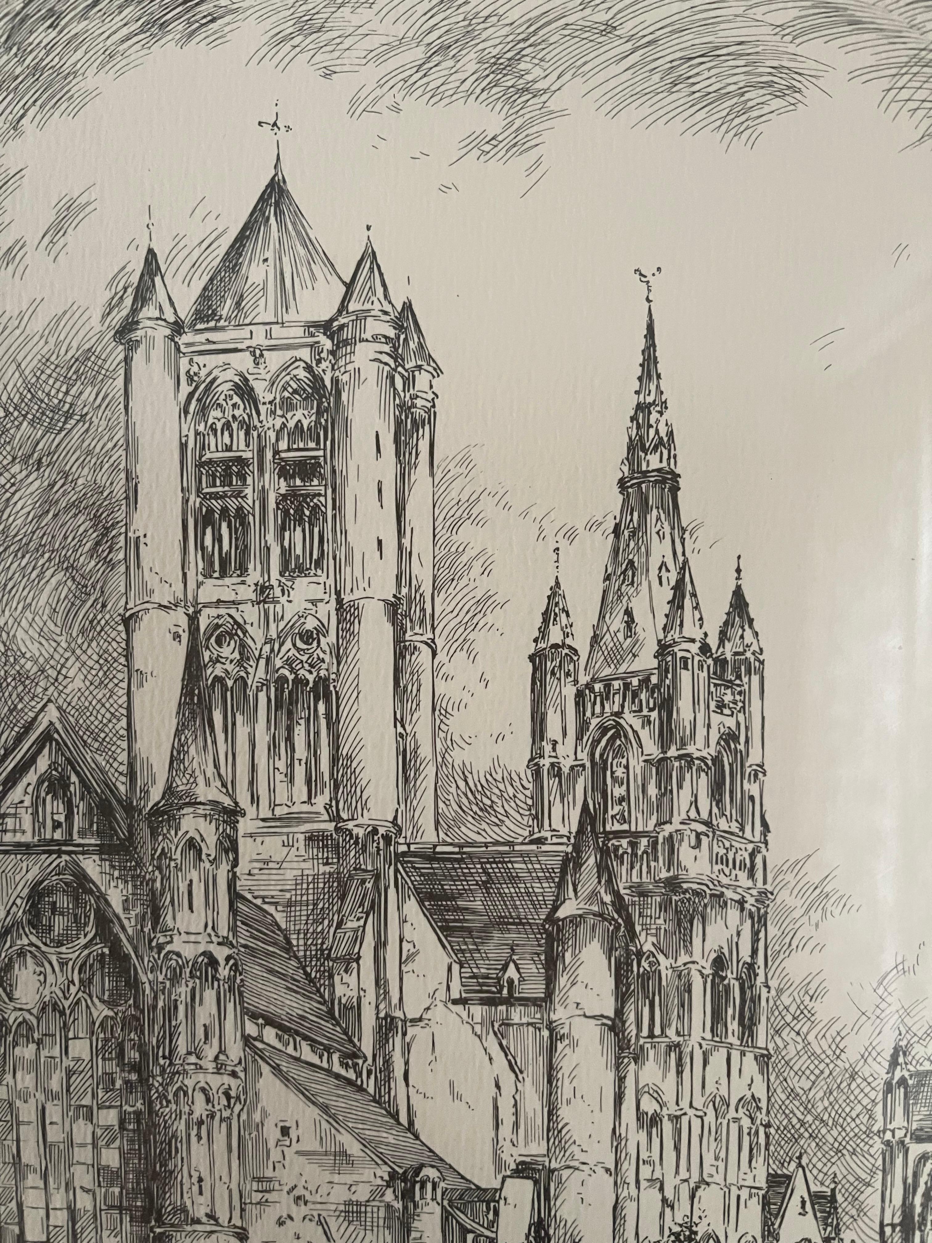 Mid-20th Century Antique Church Drawing, Lovely Wall Decoration Painting Signed Frans Vanderveken For Sale