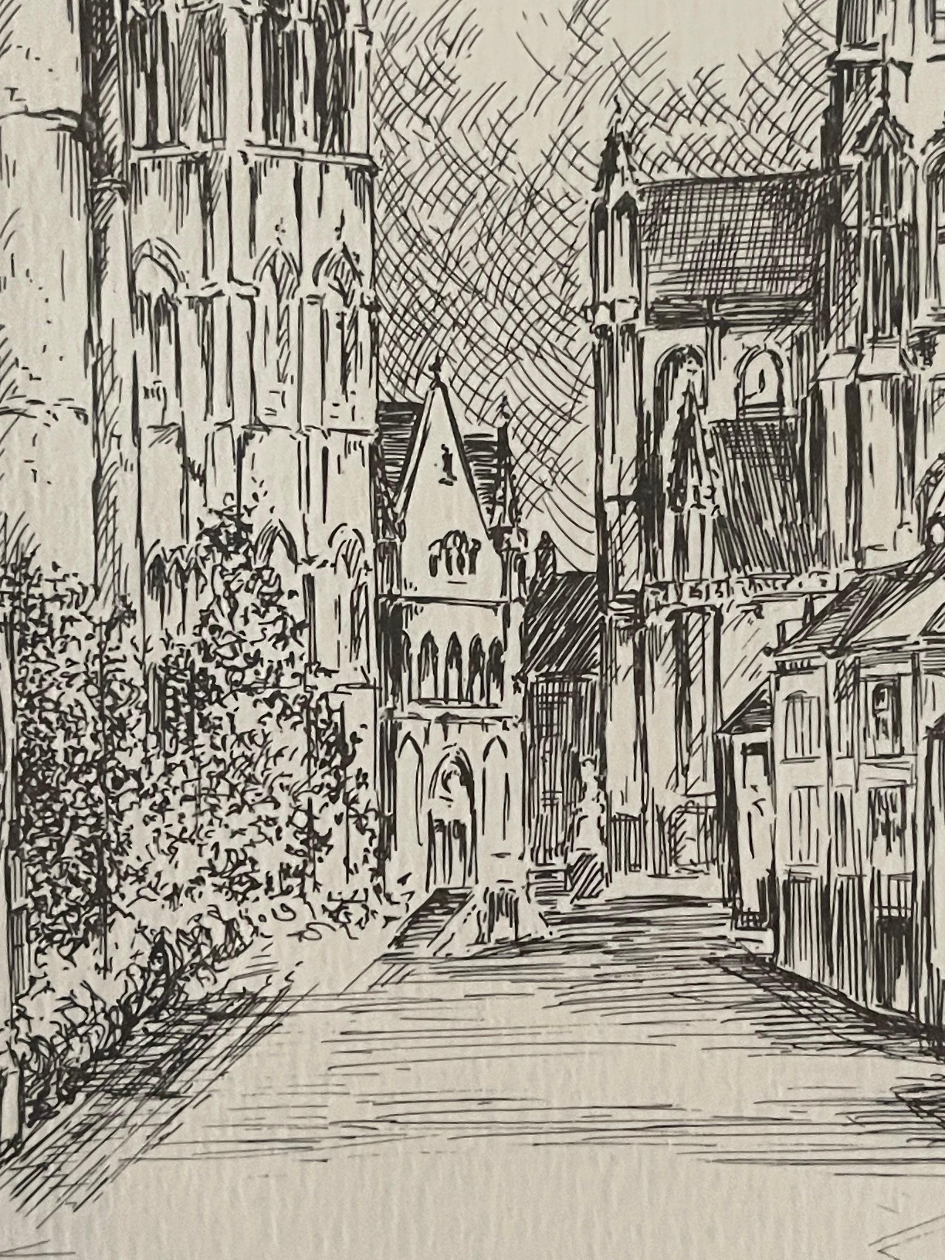Antique Church Drawing, Lovely Wall Decoration Painting Signed Frans Vanderveken For Sale 1