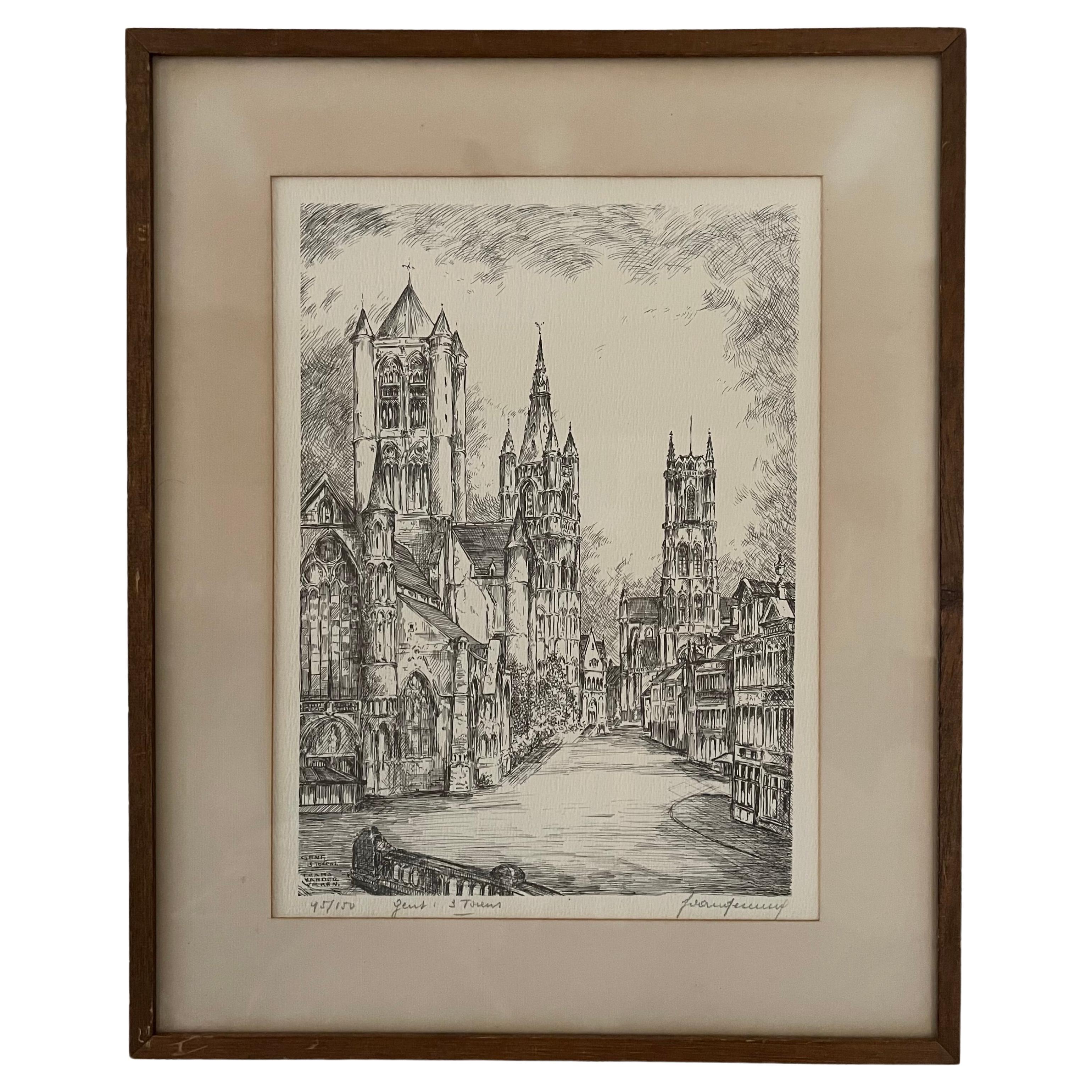 Antiguo Dibujo de Iglesia, Precioso Cuadro de Decoración de Pared Firmado Frans Vanderveken
