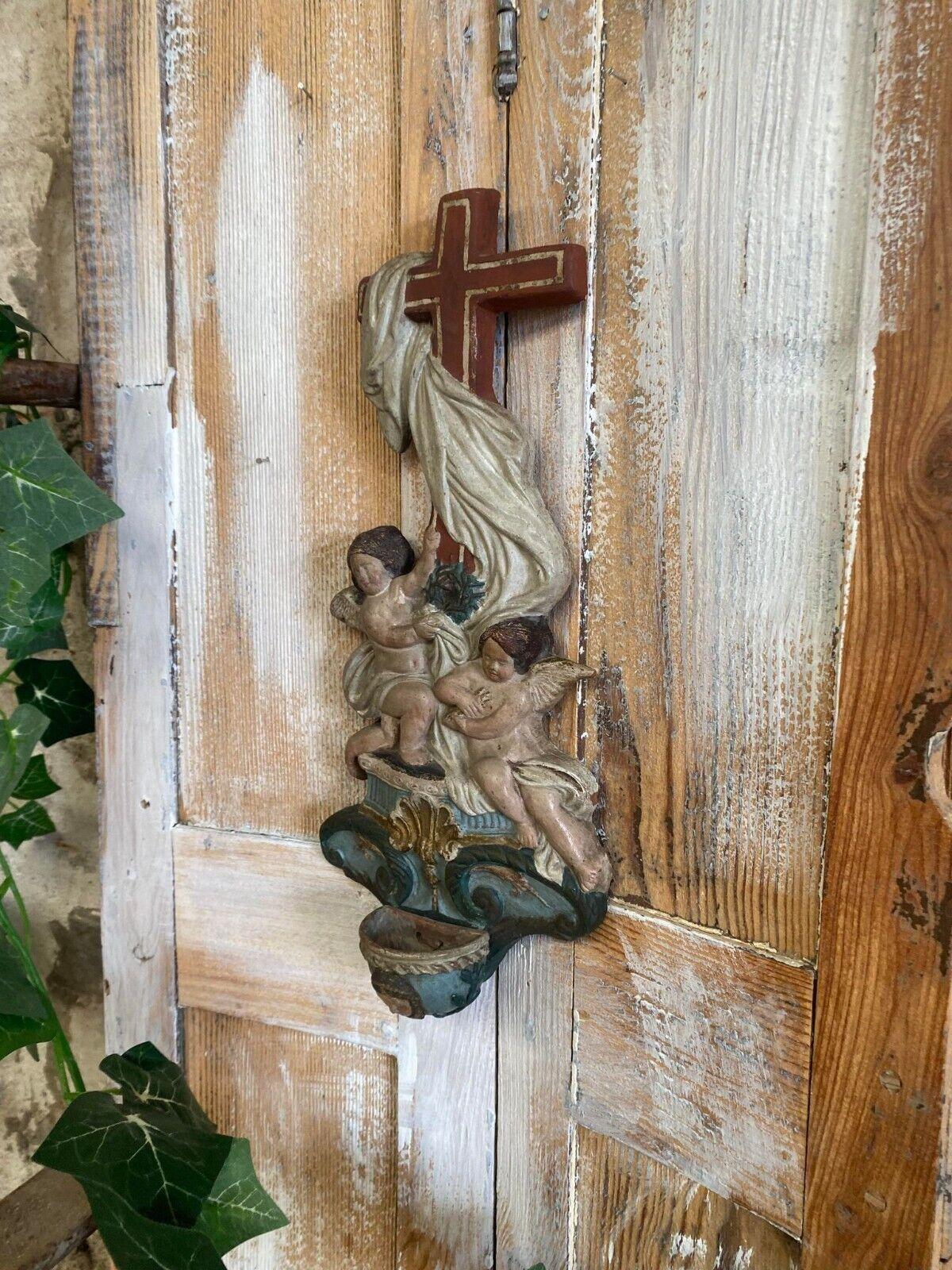Polychromed Antique Church Sculpture Decorative Cross with Angels Bénitier en terre For Sale