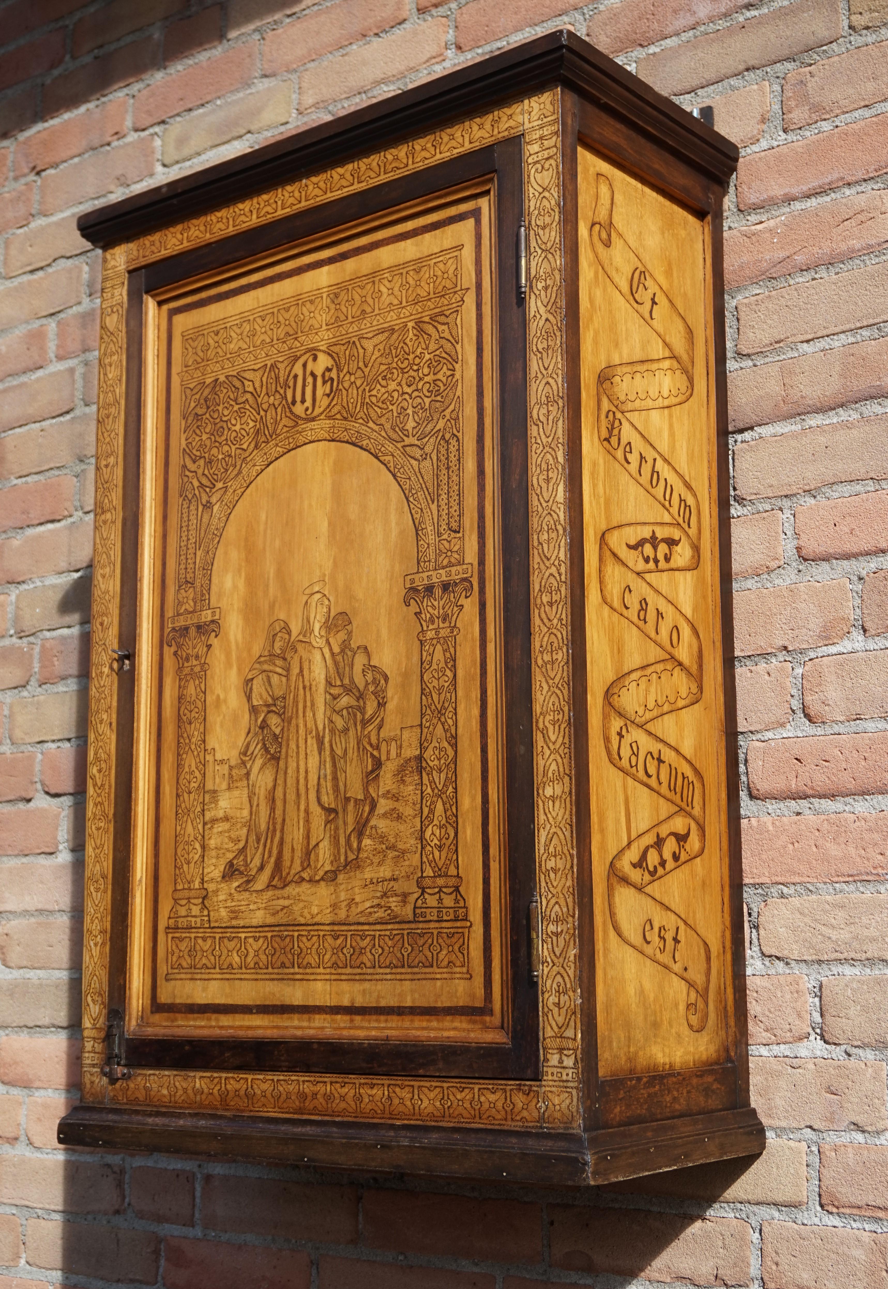 One of a kind cabinet with rare pokerwork decoration.

This multi-fuctional, practical size and all handcrafted wall cabinet is in excellent condition and it is an absolute joy to own and look at. What makes this religious cabinet/small bookcase