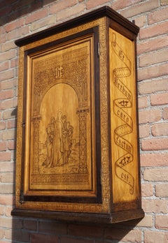 Antique Church Wall Cabinet w. Biblical Pokerwork Scene of Mary & Bible Text