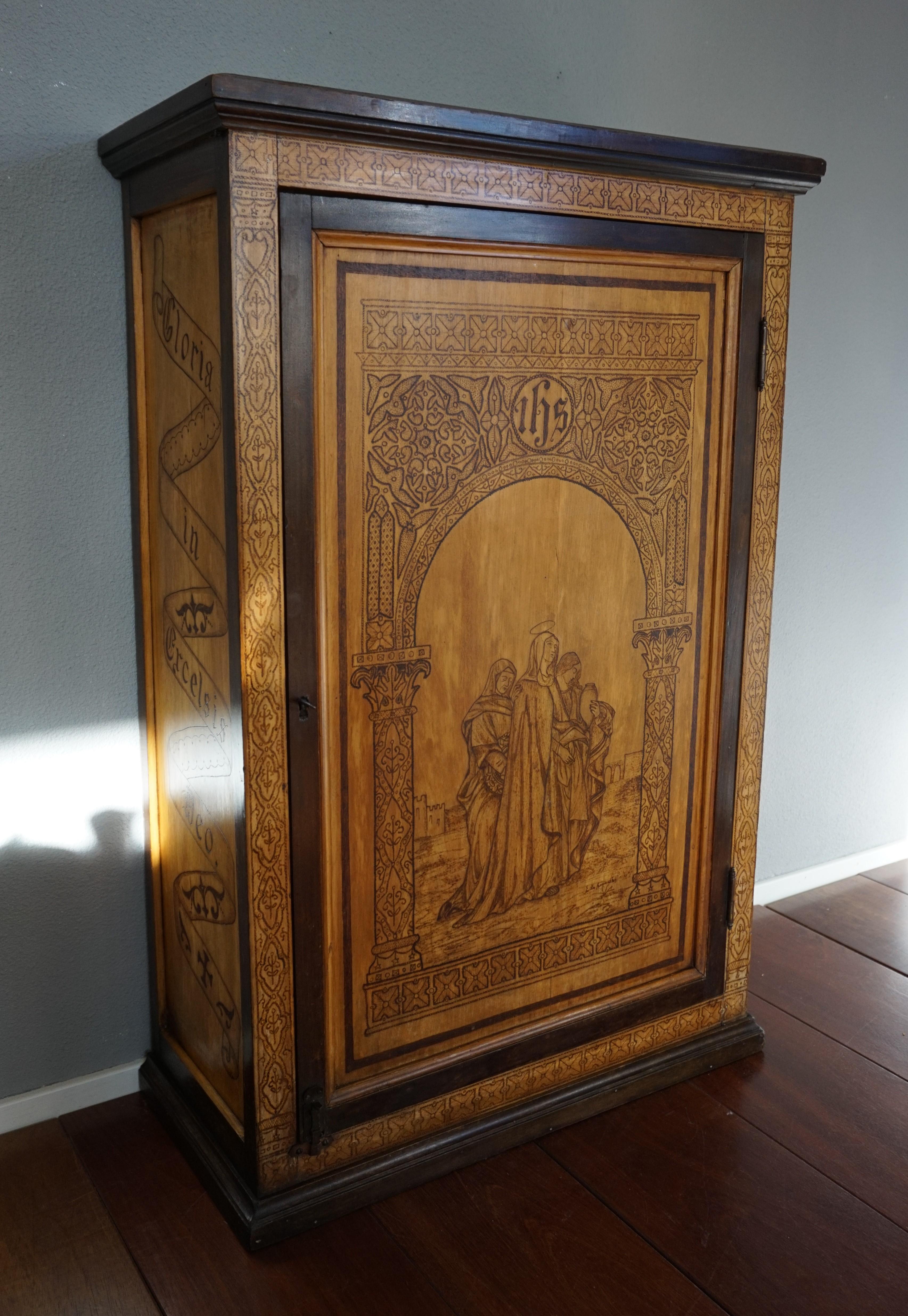 Antique Church Wall Cabinet w. Biblical Pokerwork Scene of Mary & Bible Text 10