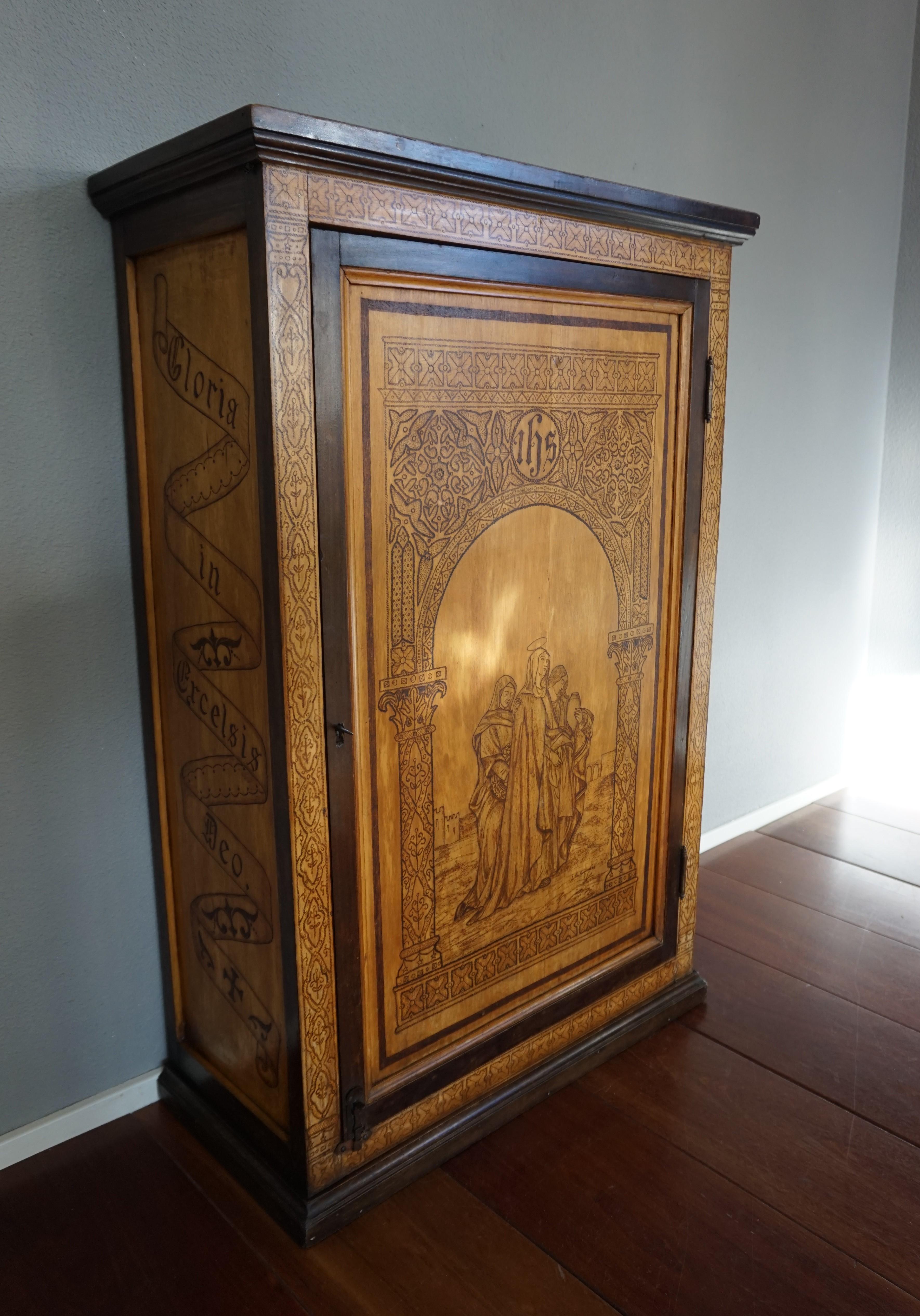 Gothic Revival Antique Church Wall Cabinet w. Biblical Pokerwork Scene of Mary & Bible Text
