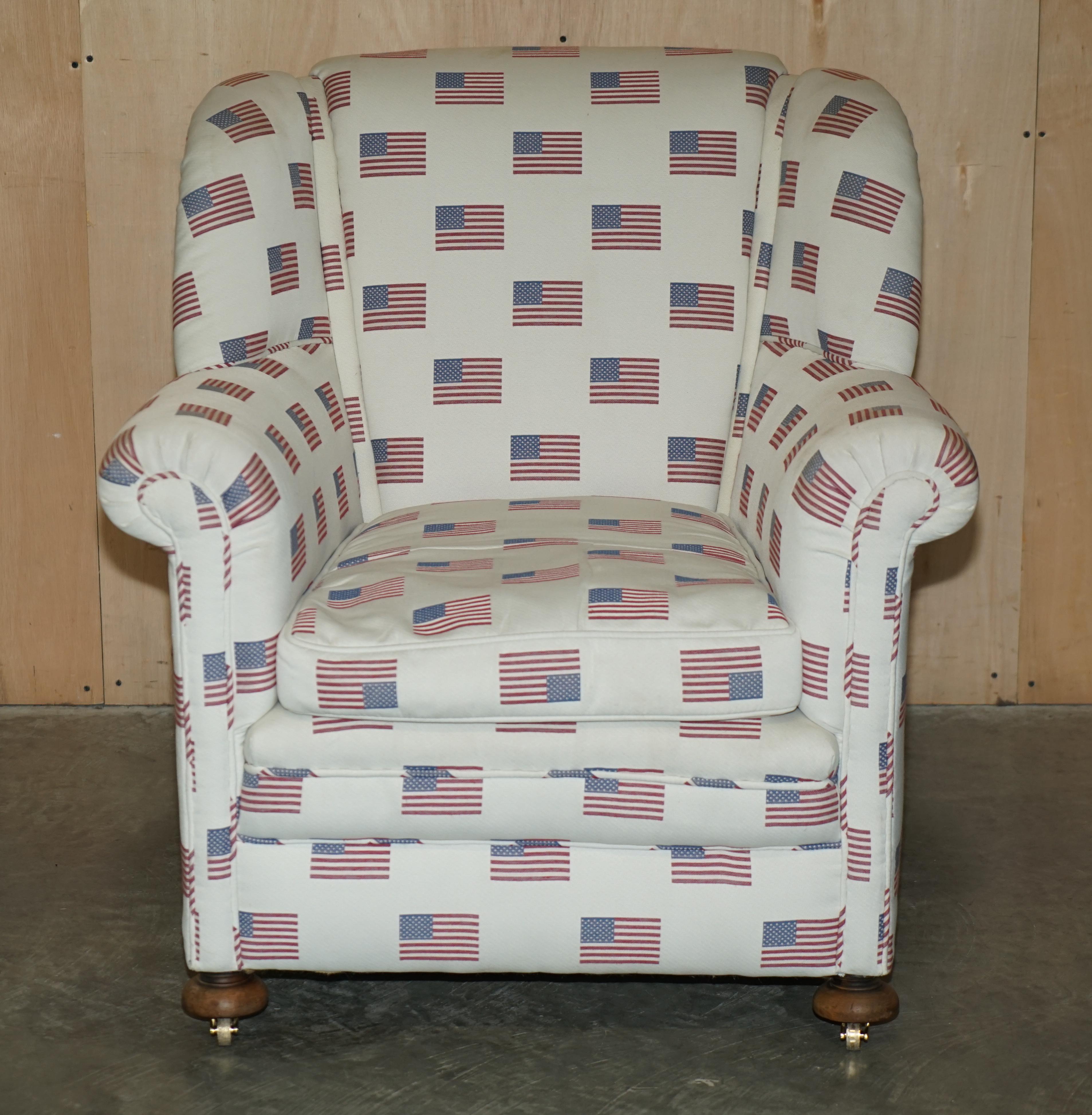 We are delighted to offer for sale this exceptionally rare, hand made in England Victorian club armchair upholstered with an American flag, Stars & Stripes upholstery 

A very good looking and well made armchair, as an armchair it is a late