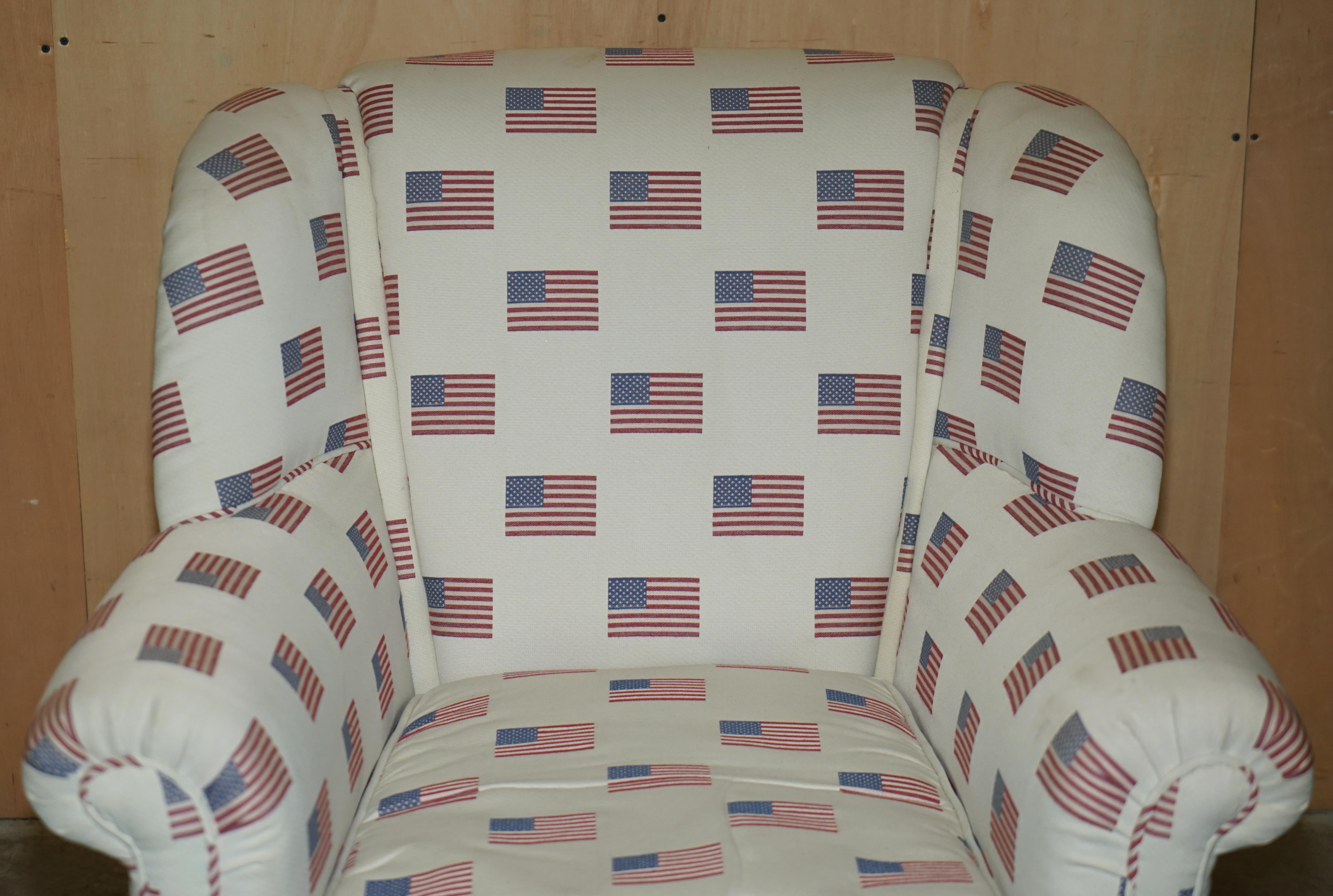 English Antique Ci 1900 Victorian Club Armchair American Flag Stars & Stripes Upholstery For Sale