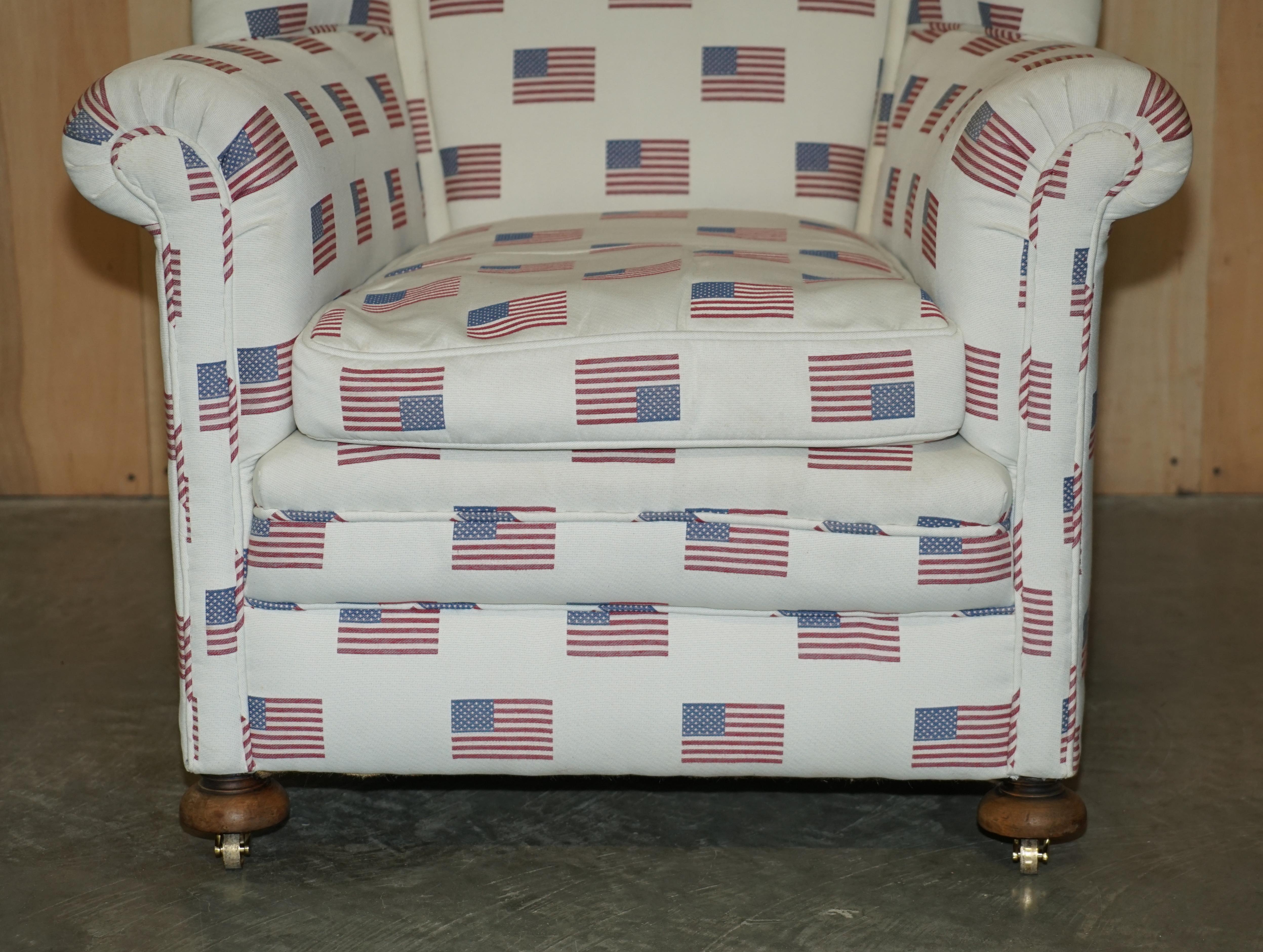 Antique Ci 1900 Victorian Club Armchair American Flag Stars & Stripes Upholstery For Sale 1