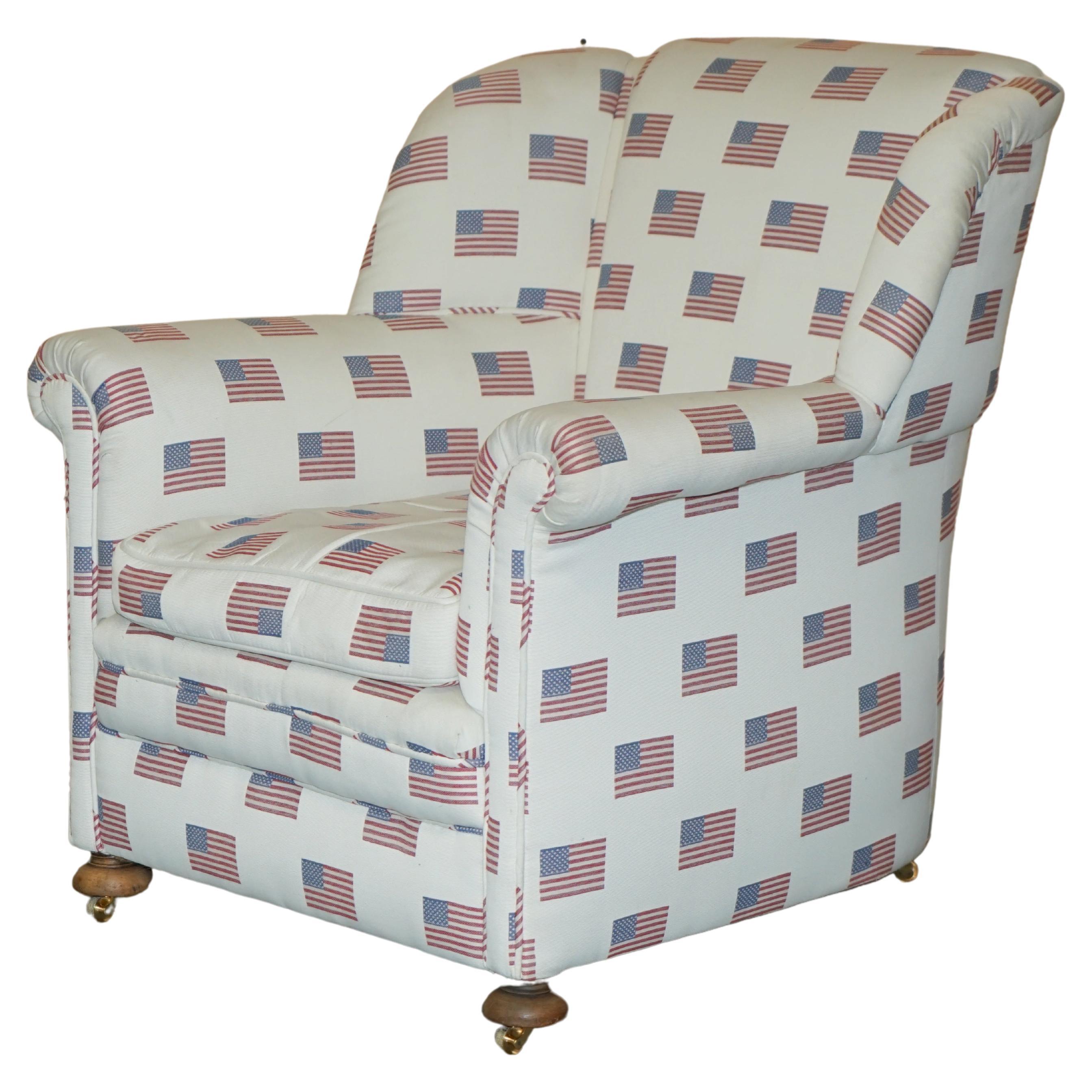 Antique Ci 1900 Victorian Club Armchair American Flag Stars & Stripes Upholstery For Sale