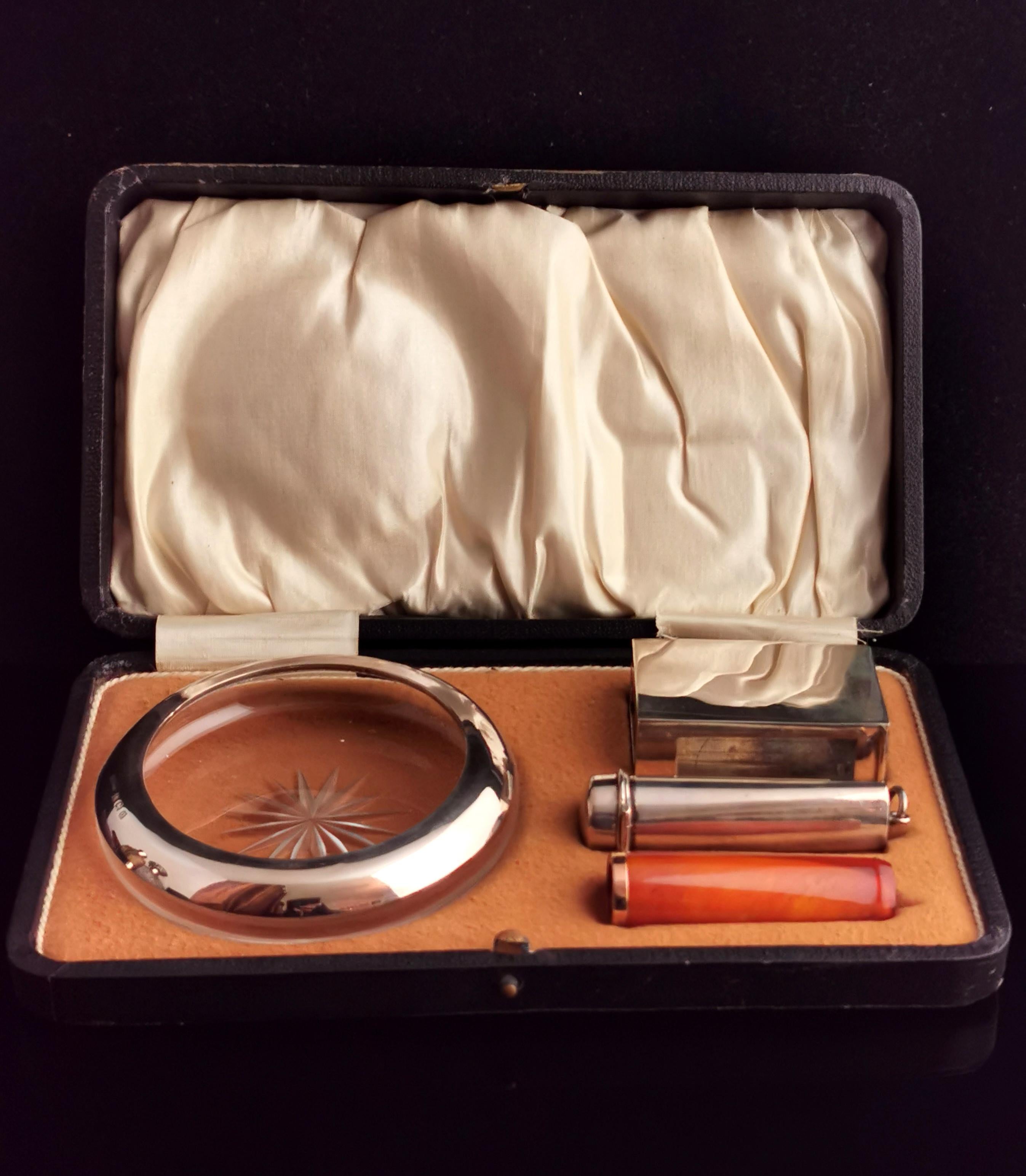 Antique Cigar Smokers Set, Silver, Amber and 9k Gold, Cased 7