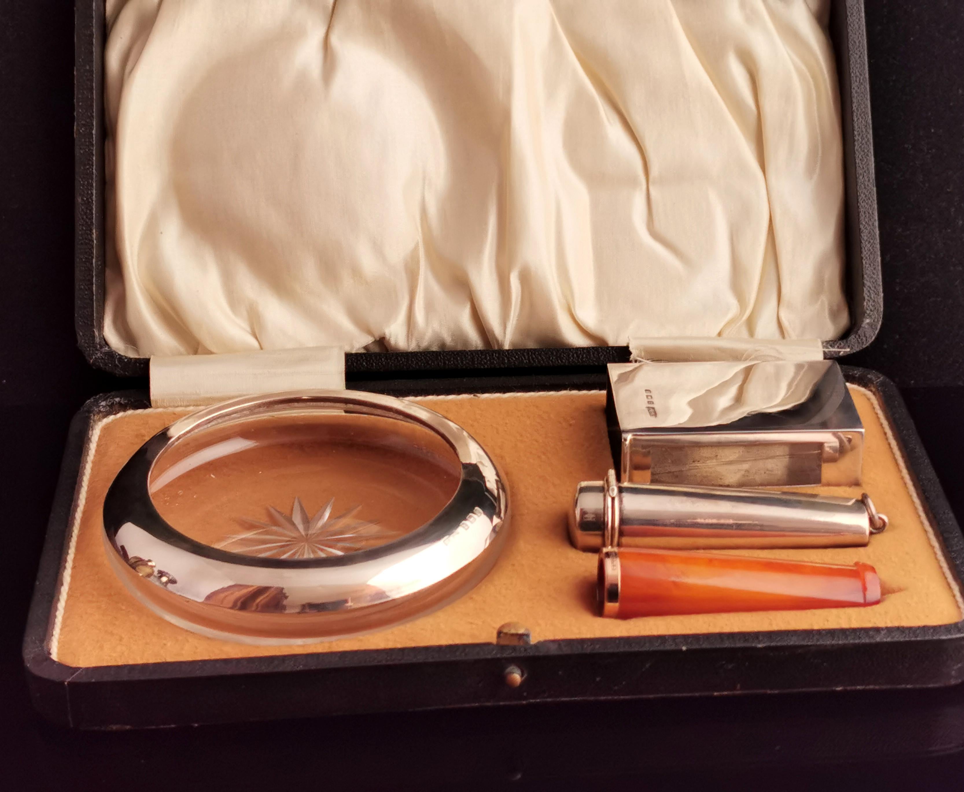 Antique Cigar Smokers Set, Silver, Amber and 9k Gold, Cased 2