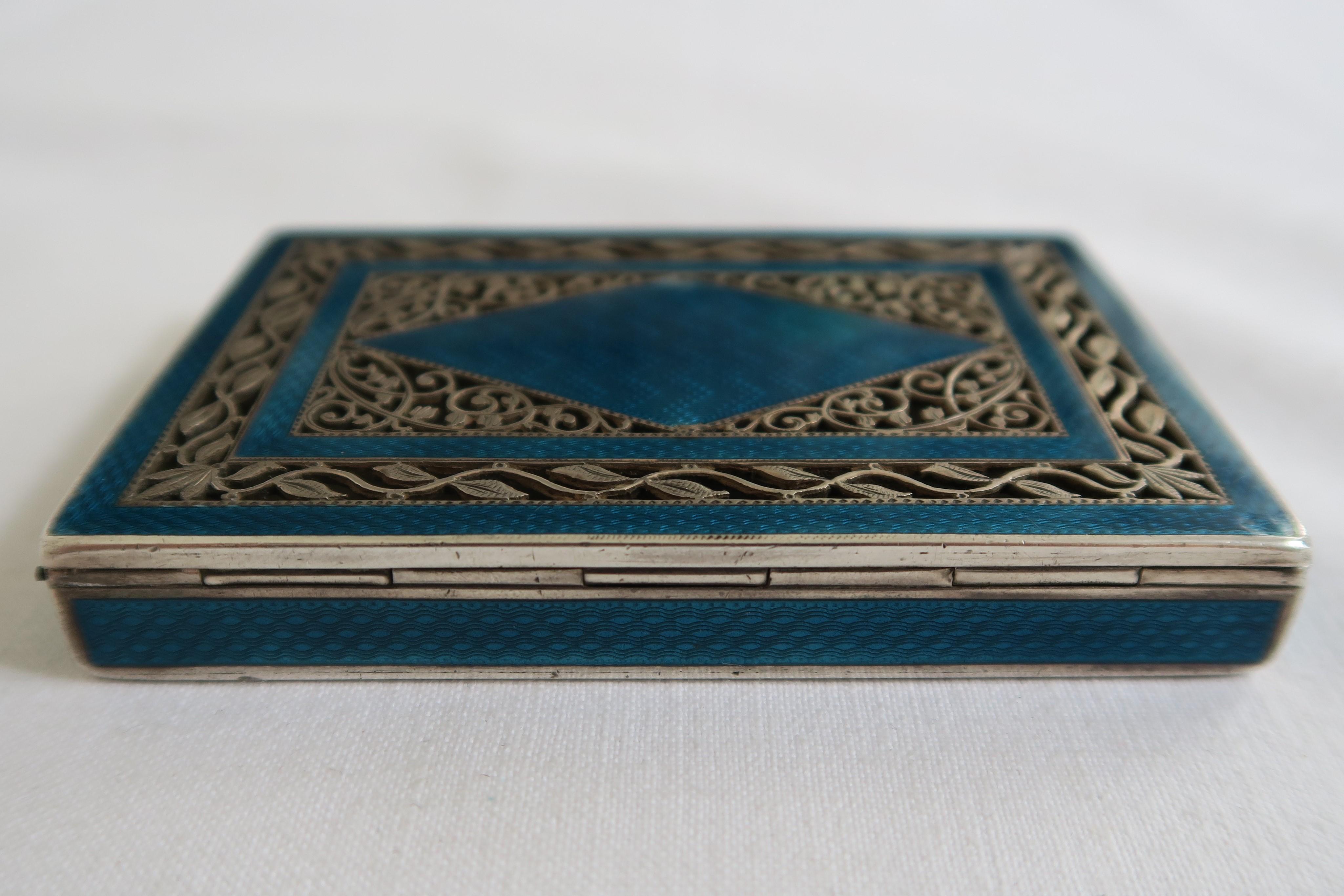 Hand-Crafted Antique Cigarette Box Silver and Turquoise Enamel with Lily of the Valley Motif For Sale