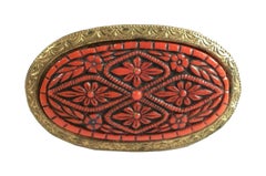 Antique Cinnabar Pin / Brooch - Tooled Brass Trim & Back - China - Circa 1920's