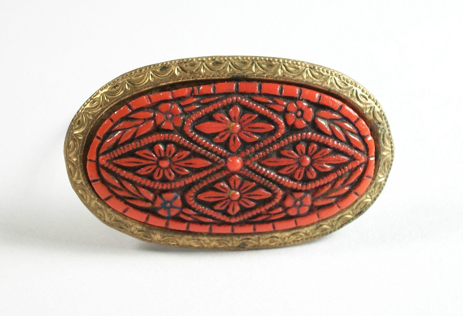 Art Deco Antique Cinnabar Pin / Brooch - Tooled Brass Trim & Back - China - Circa 1920's For Sale