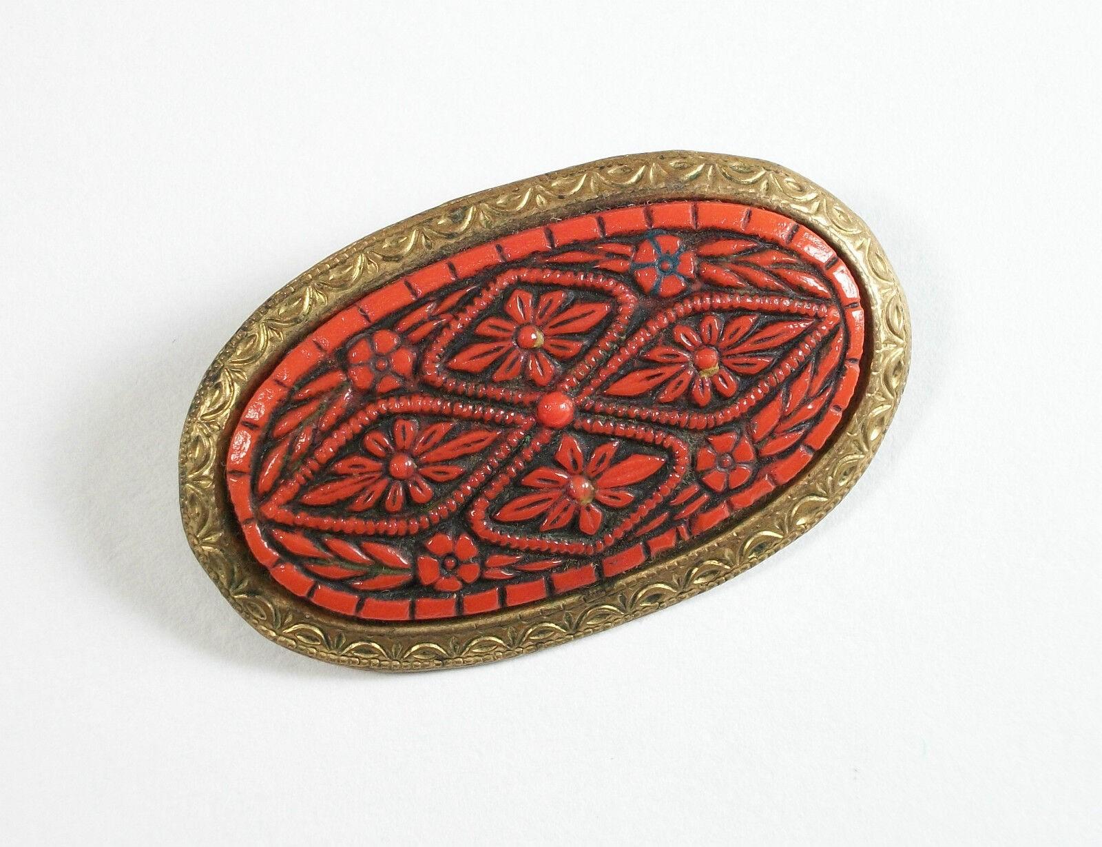 Antique Cinnabar Pin / Brooch - Tooled Brass Trim & Back - China - Circa 1920's In Good Condition For Sale In Chatham, CA