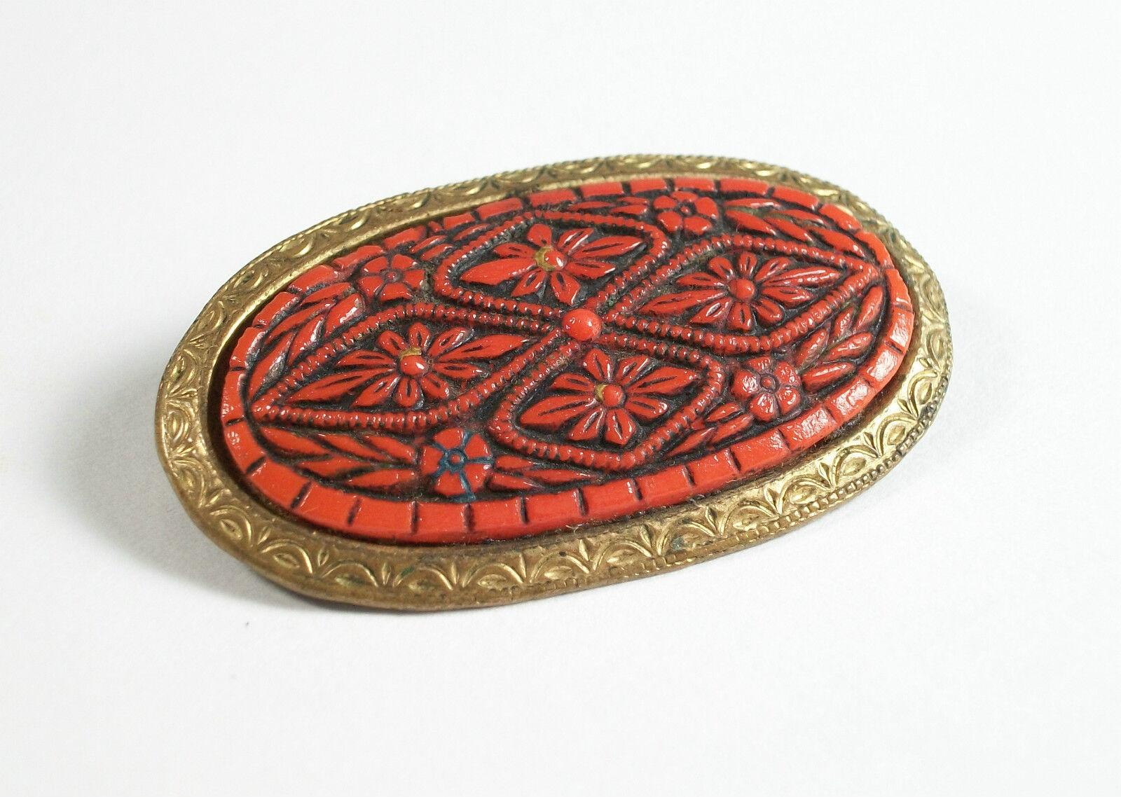 Women's or Men's Antique Cinnabar Pin / Brooch - Tooled Brass Trim & Back - China - Circa 1920's For Sale