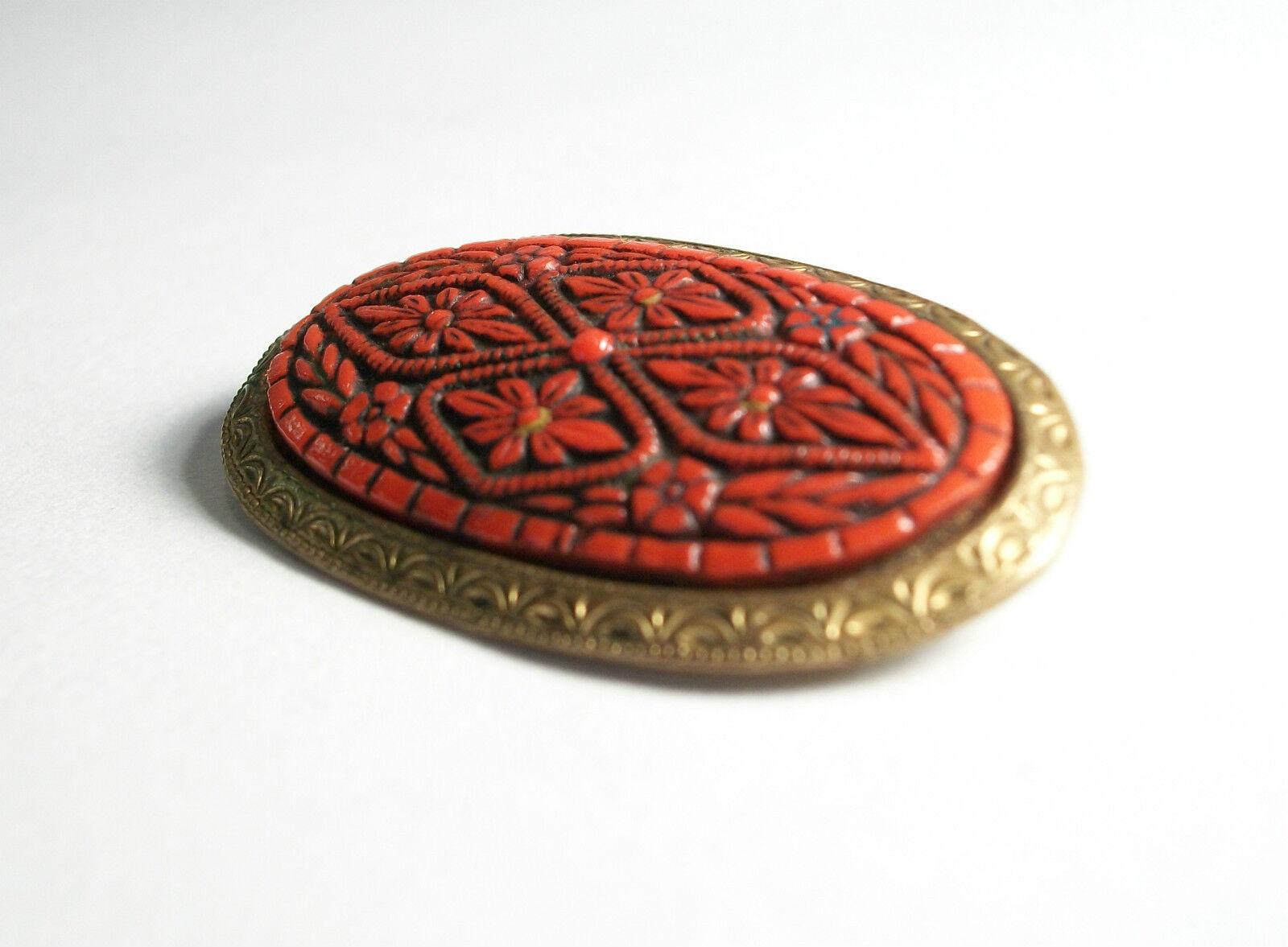 Antique Cinnabar Pin / Brooch - Tooled Brass Trim & Back - China - Circa 1920's For Sale 1