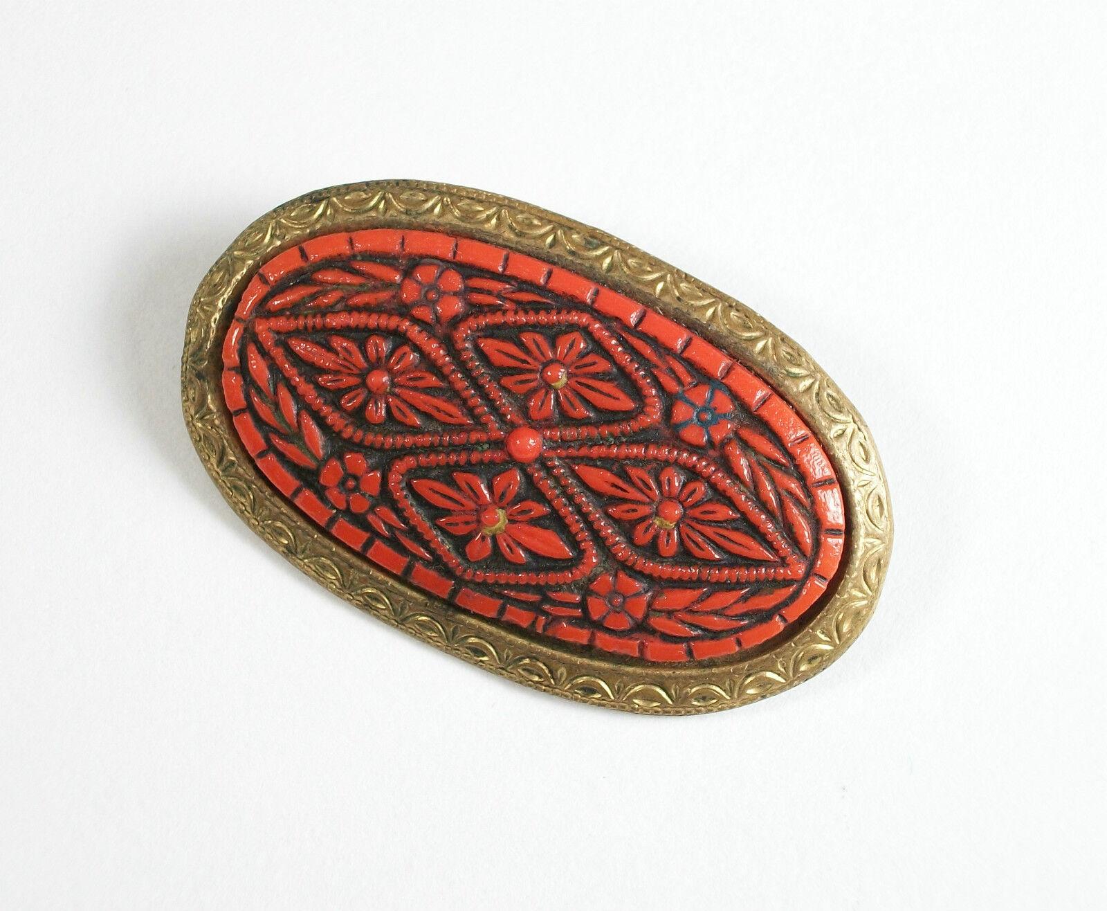 Antique Cinnabar Pin / Brooch - Tooled Brass Trim & Back - China - Circa 1920's For Sale 2