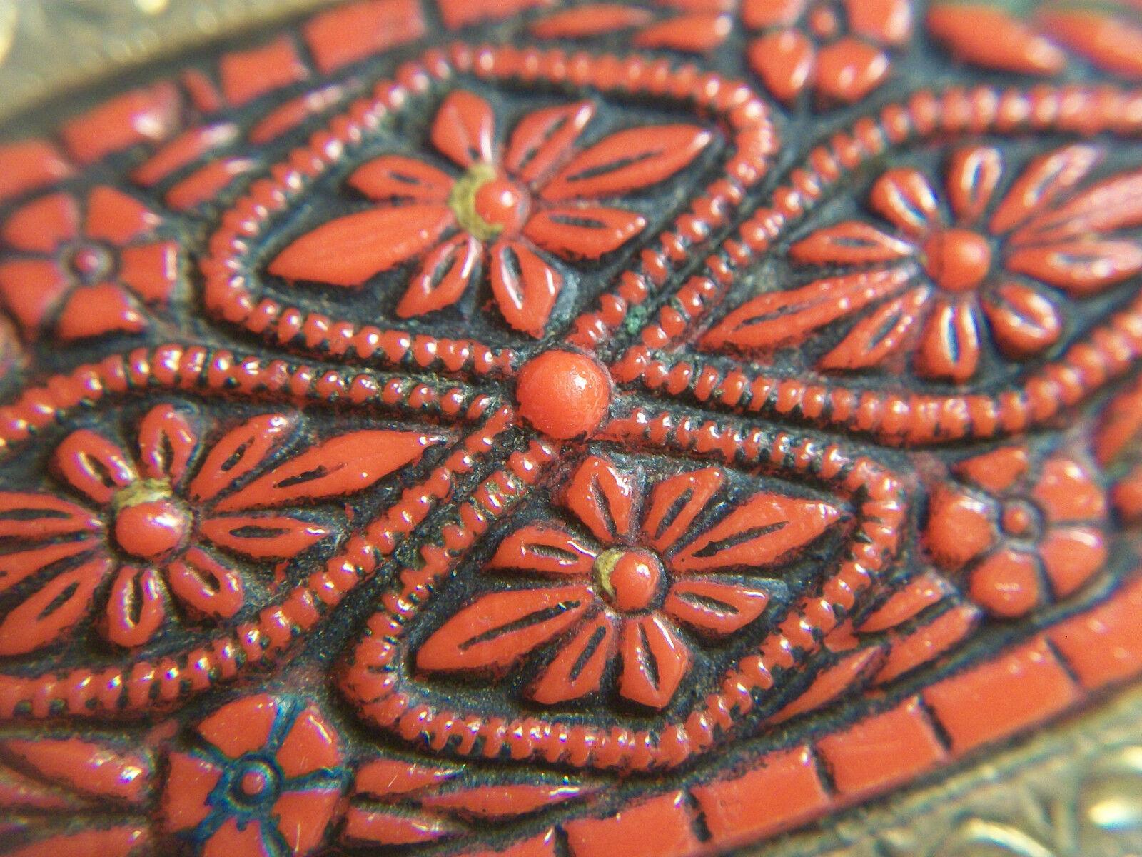 Antique Cinnabar Pin / Brooch - Tooled Brass Trim & Back - China - Circa 1920's For Sale 3