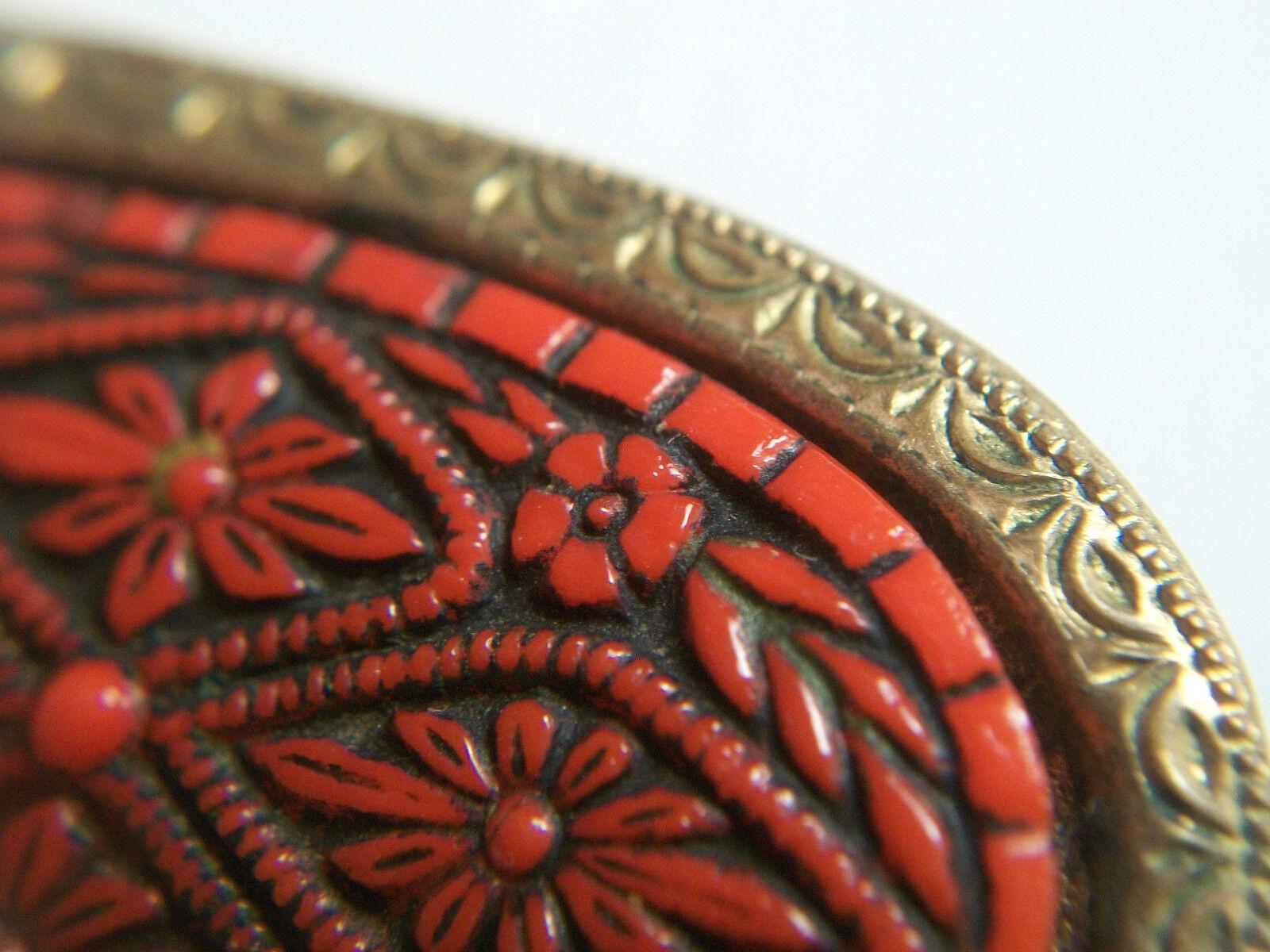 Antique Cinnabar Pin / Brooch - Tooled Brass Trim & Back - China - Circa 1920's For Sale 4