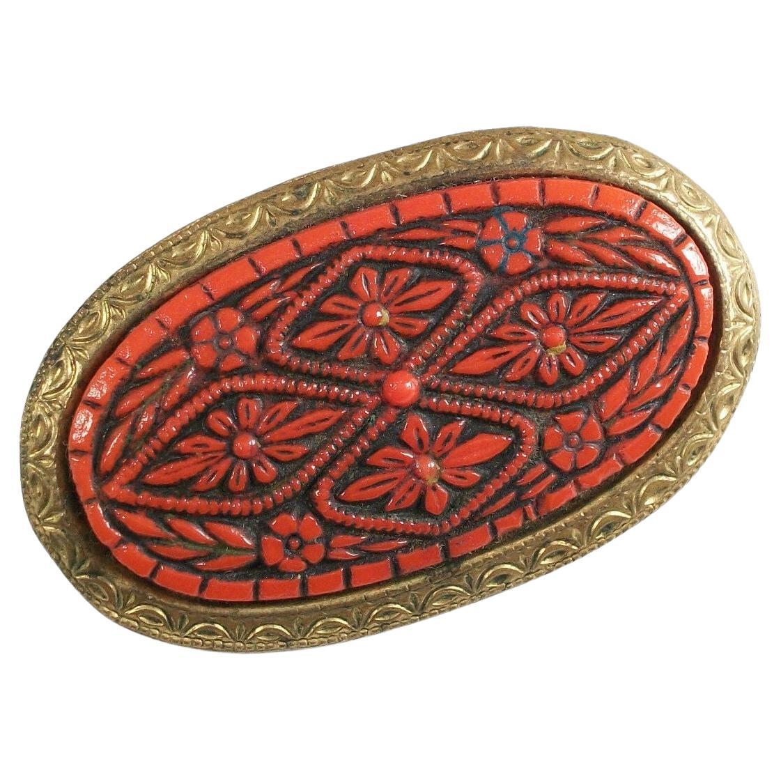 Antique Cinnabar Pin / Brooch - Tooled Brass Trim & Back - China - Circa 1920's For Sale