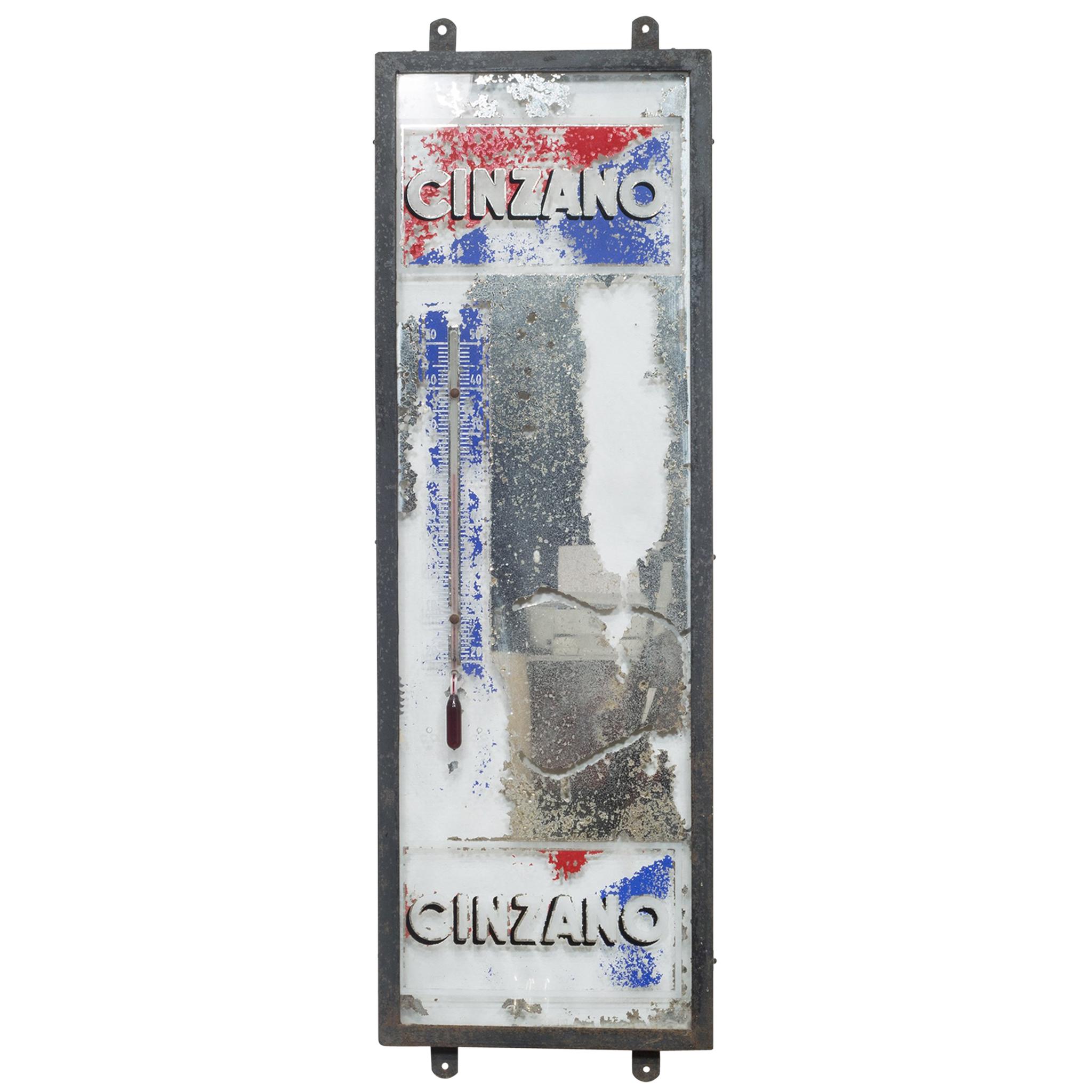 Antique Cinzano Mirror Advertisement with Thermometer, circa 1930