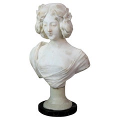 Antique Cipriani Classical Marble Bust of Woman on Metal & Black Marble Base