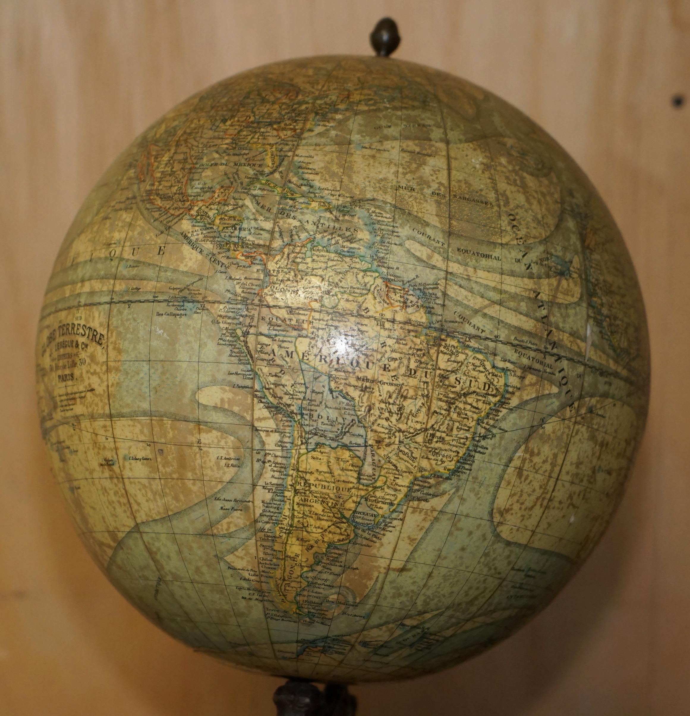 ANTiQUE CIR 1880 J LEBEGUE & Cie PARIS TERRESTRIAL LITHOGRAPHIQUE GLOBE CAST IRON en vente 2