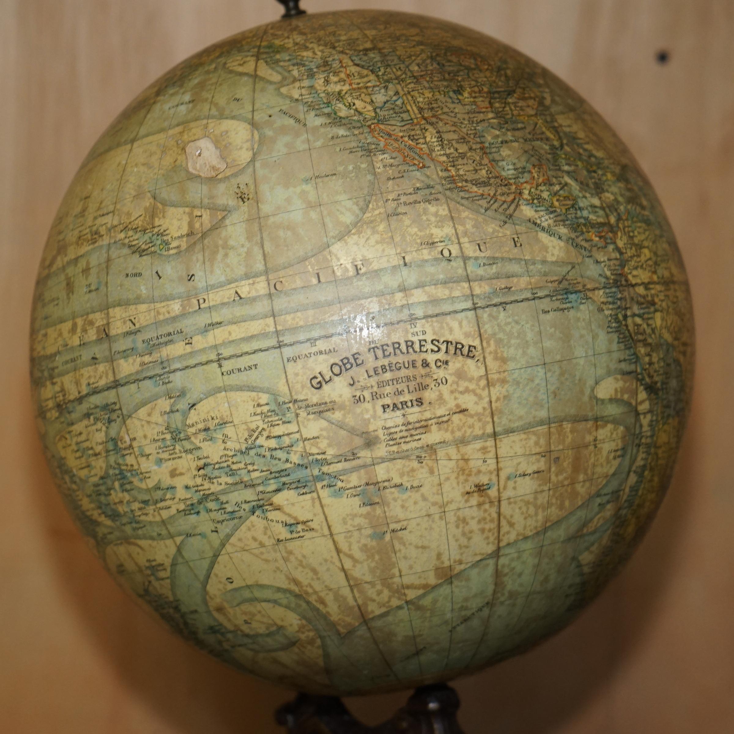 ANTiQUE CIR 1880 J LEBEGUE & Cie PARIS TERRESTRIAL LITHOGRAPHIQUE GLOBE CAST IRON en vente 3
