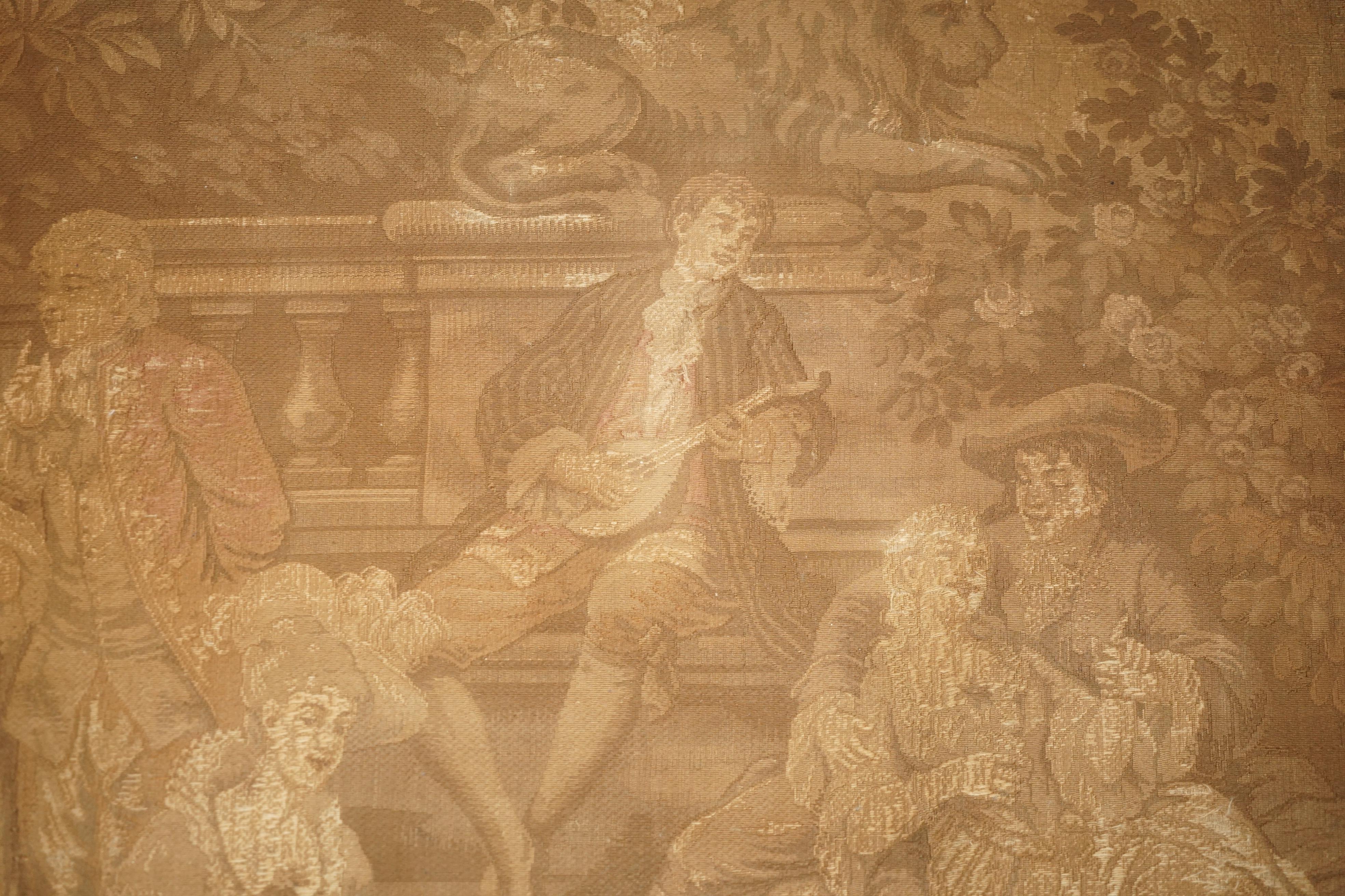 Fabric ANTIQUE CIR 1880 TAPESTRY DEPICTING WATTEAU-ESQUE FiGURES AFTER ANTOINE WATTEAU For Sale