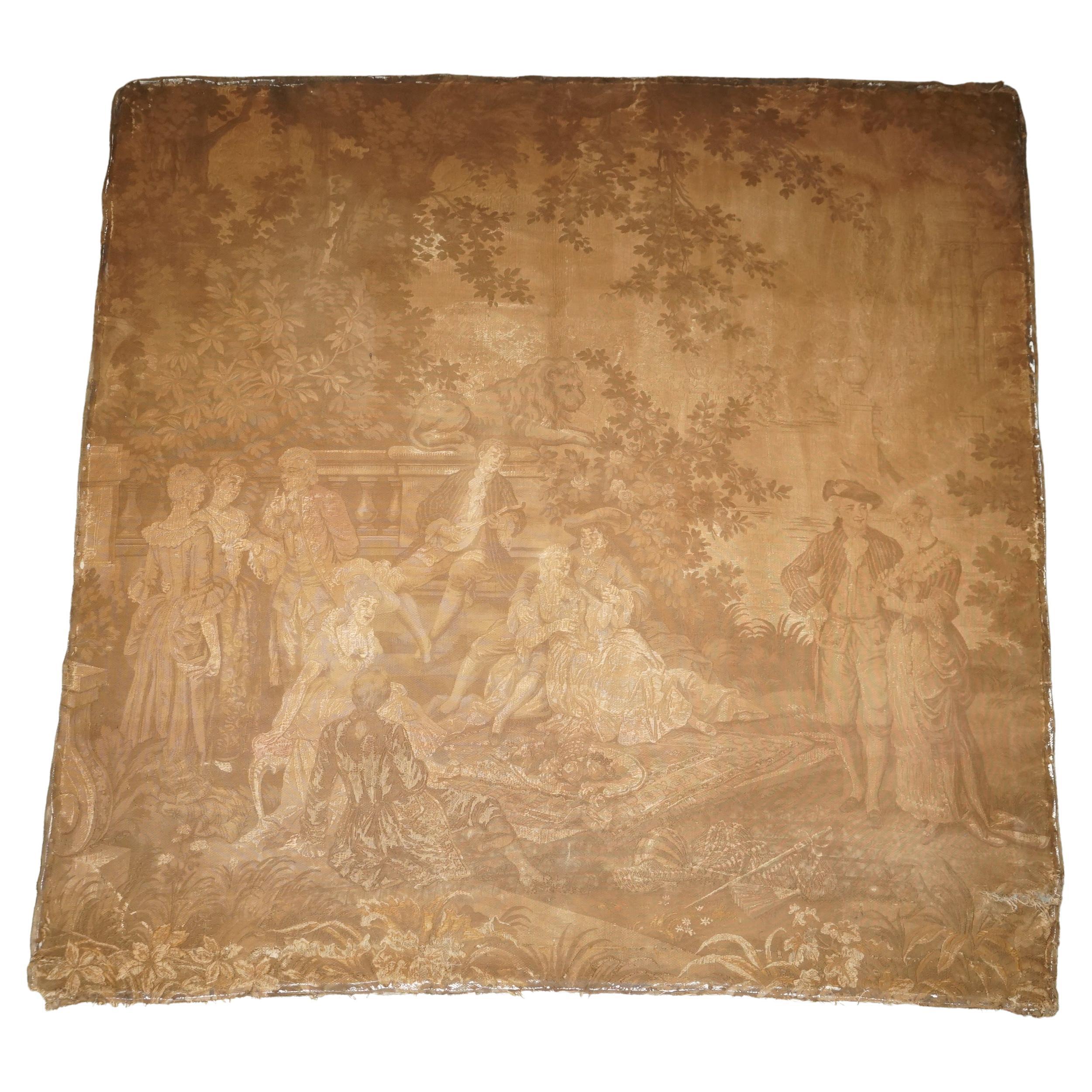 ANTIQUE CIR 1880 TAPESTRY DEPICTING WATTEAU-ESQUE FiGURES AFTER ANTOINE WATTEAU For Sale