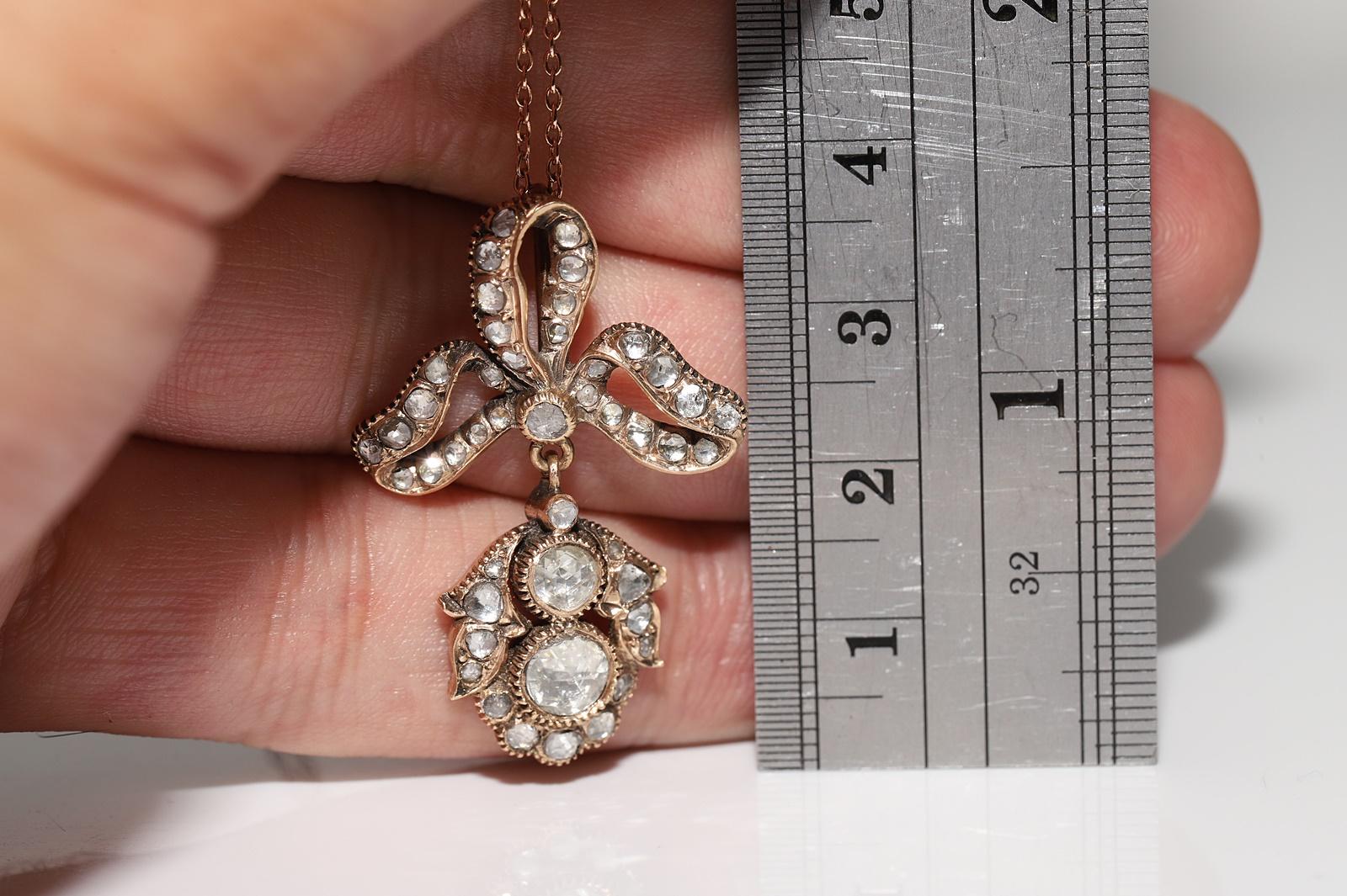 Collana con ciondolo di diamanti naturali taglio rosa in oro antico CIRCA 14 carati, realizzata a mano in vendita 7