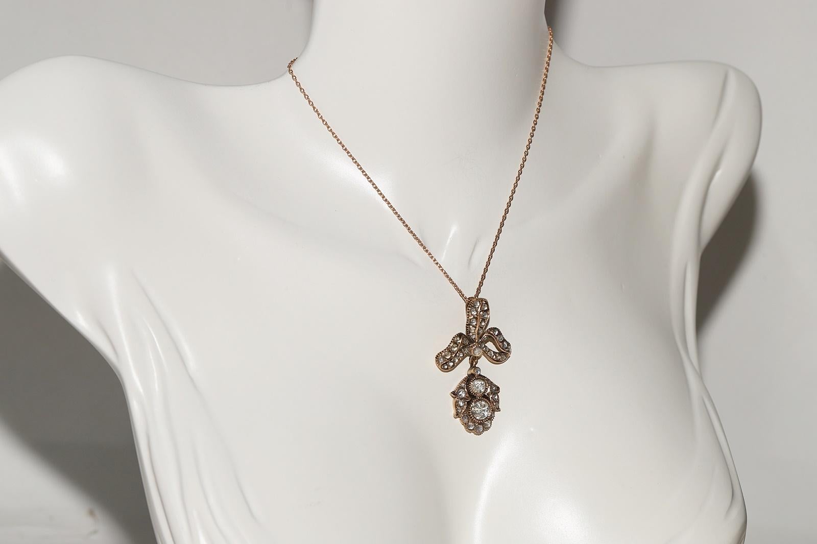 Victorien Collier pendentif ancien en or 14 carats avec diamants naturels taille rose, fabriqué à la main en vente