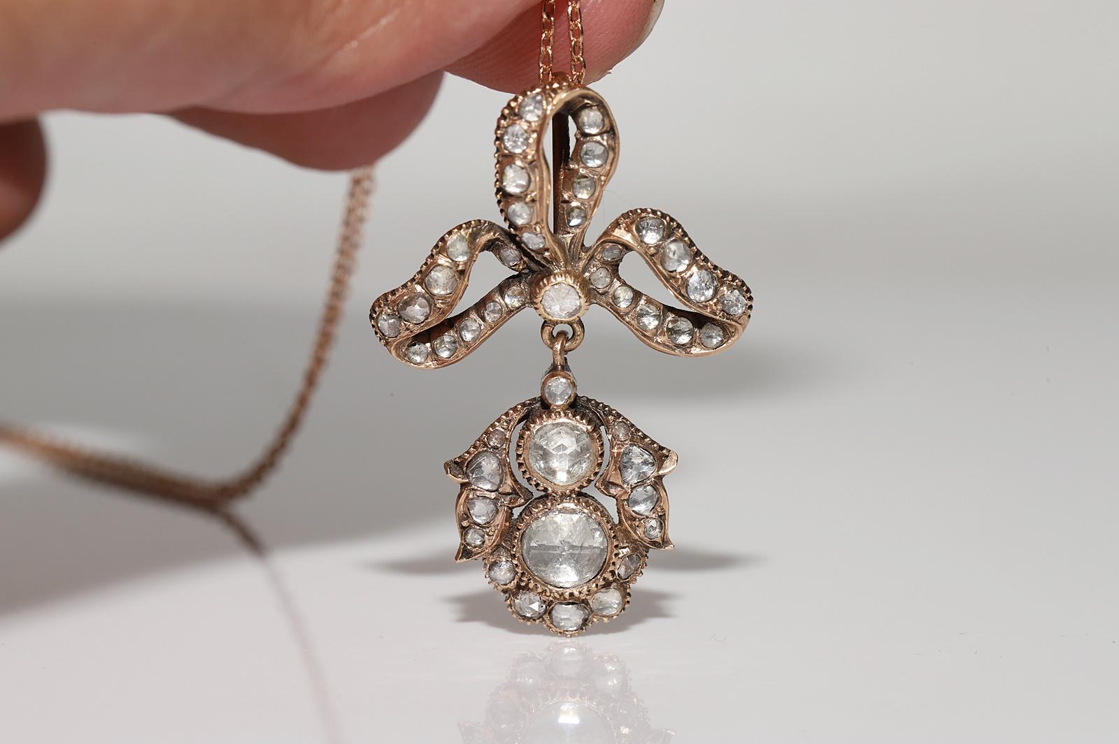 Taille rose Collier pendentif ancien en or 14 carats avec diamants naturels taille rose, fabriqué à la main en vente