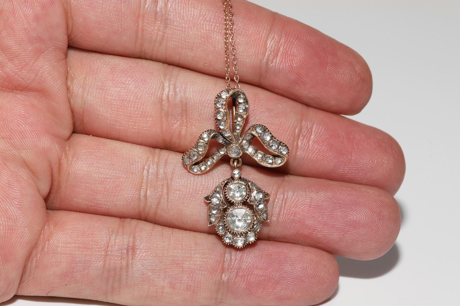 Collier pendentif ancien en or 14 carats avec diamants naturels taille rose, fabriqué à la main Bon état - En vente à Fatih/İstanbul, 34