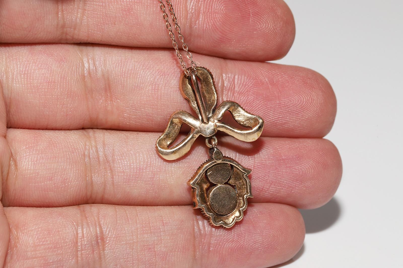 Collier pendentif ancien en or 14 carats avec diamants naturels taille rose, fabriqué à la main Pour femmes en vente