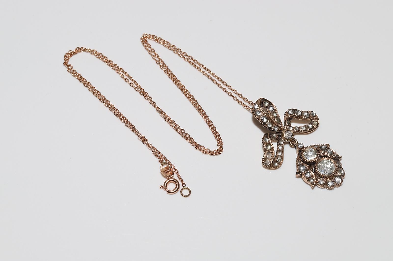 Collier pendentif ancien en or 14 carats avec diamants naturels taille rose, fabriqué à la main en vente 2