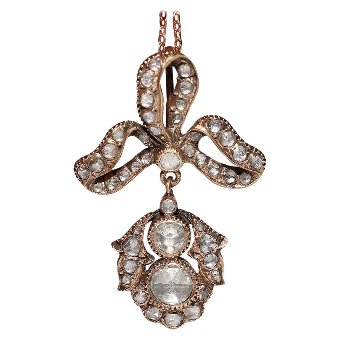Collier pendentif ancien en or 14 carats avec diamants naturels taille rose, fabriqué à la main