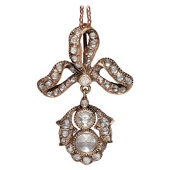Collier pendentif ancien en or 14 carats avec diamants naturels taille rose, fabriqué à la main
