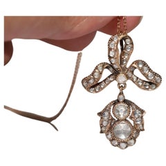 Antique Circa 14k Gold Handcrafted Natural Rose Cut Diamond Pendant Necklace
