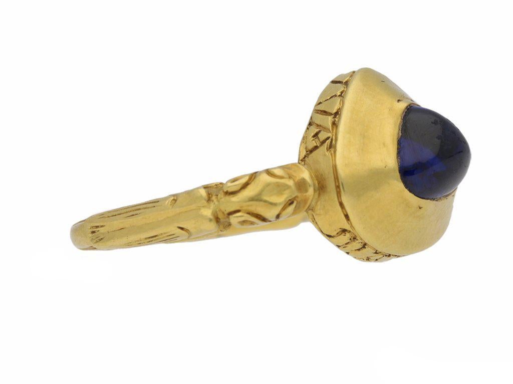 Cabochon Antique Circa 14th Century Medieval sapphire gold ring For Sale