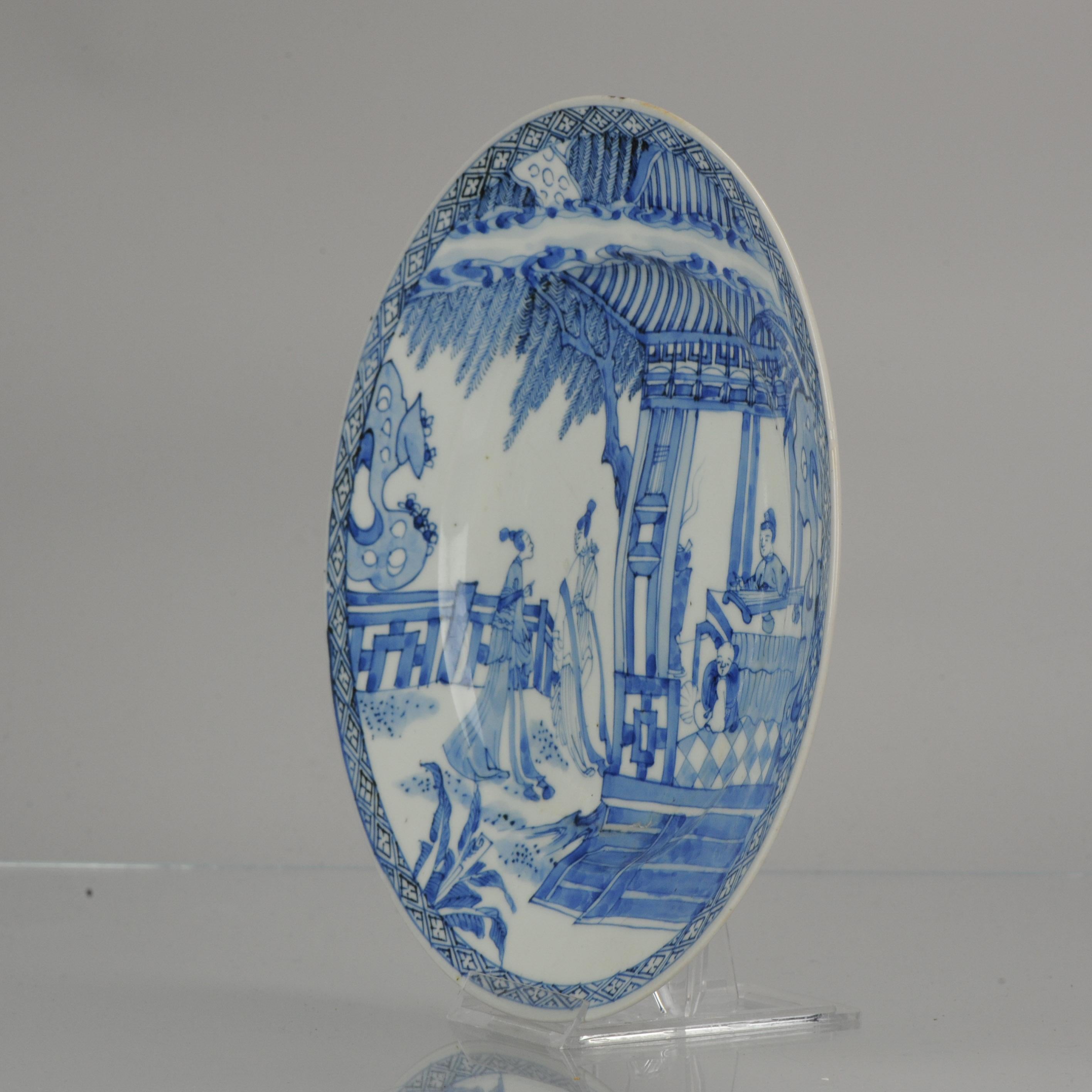 Antique circa 1700 Japanese Edo Porcelain Blue White Dish Figures Ladies For Sale 1